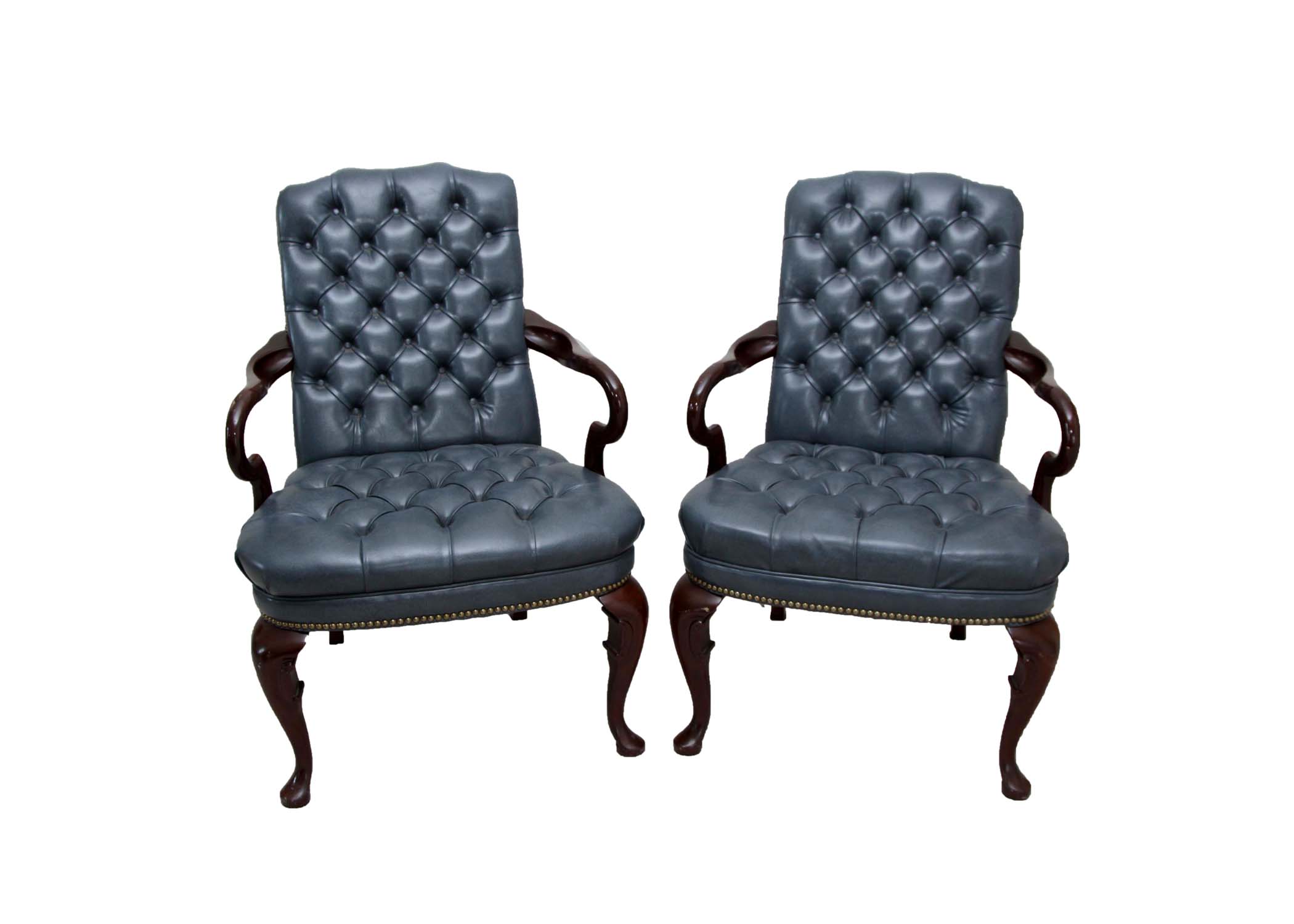 A Pair of Steel Blue Upholstered Tufted Armchairs
