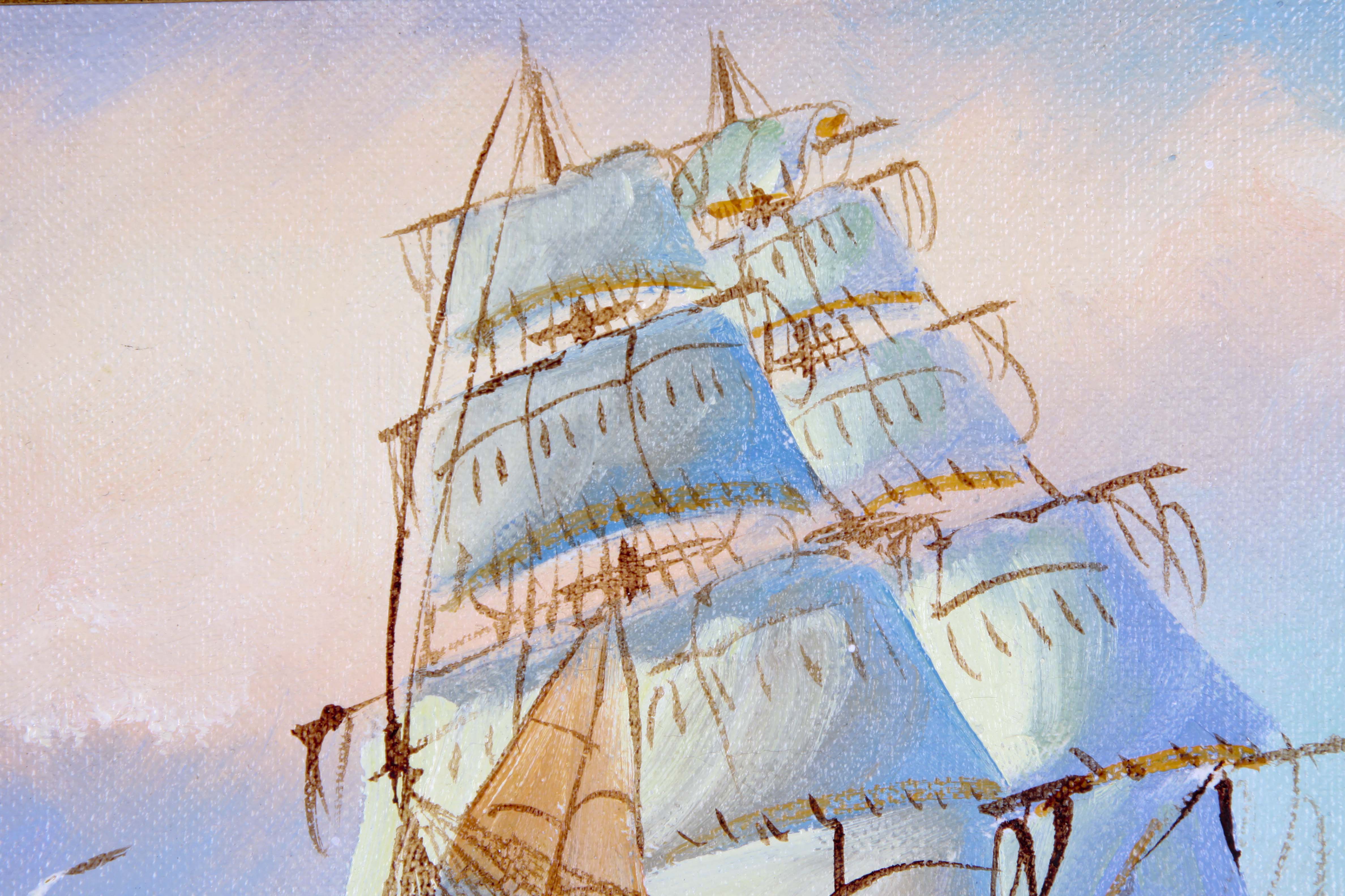 Oil Painting on Canvas of a Ship at Sea