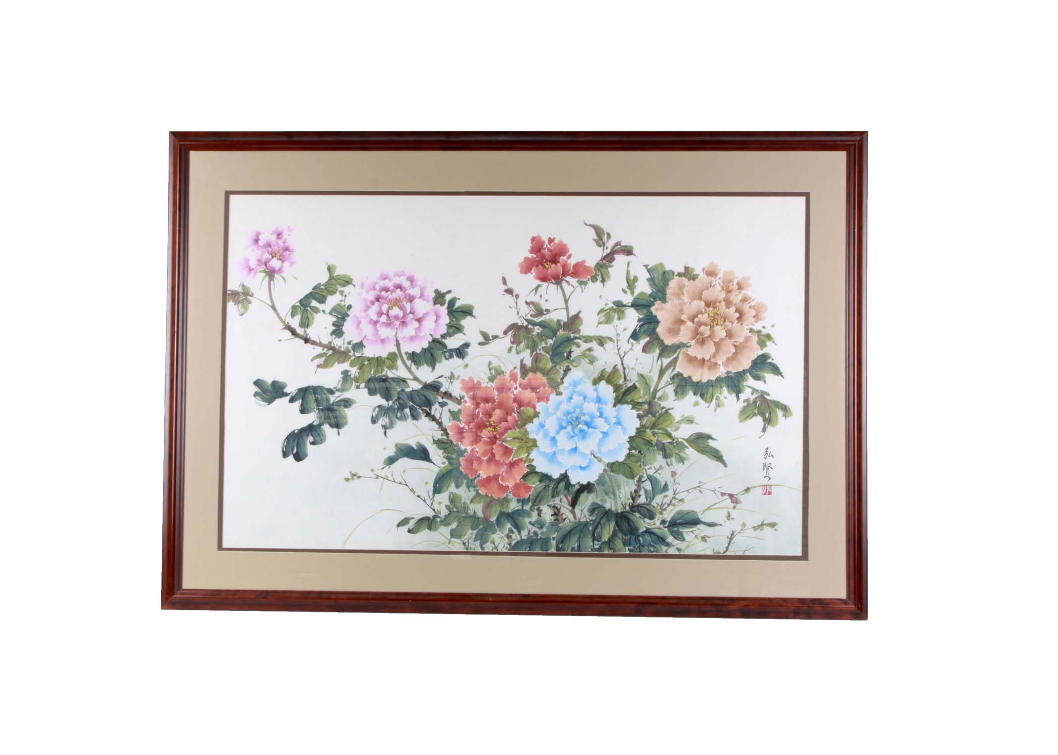Original Chinese Watercolor of Peonies by Hong Xian
