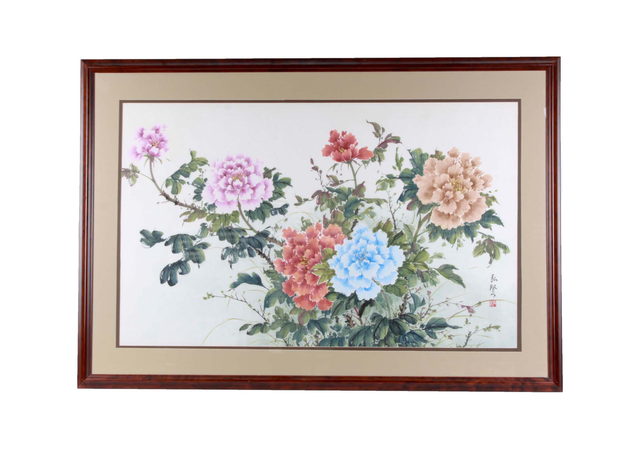 Original Chinese Watercolor of Peonies by Hong Xian