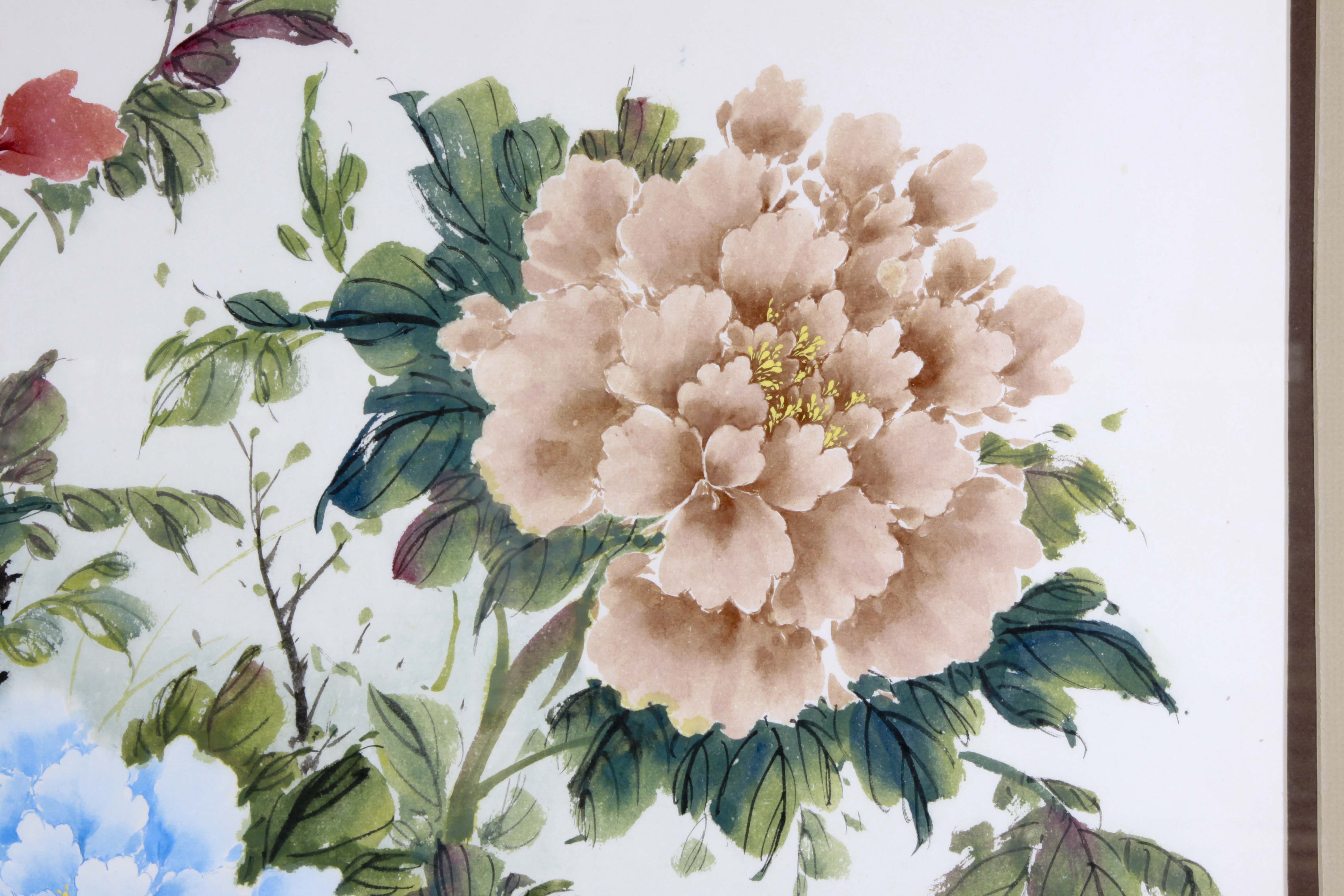 Original Chinese Watercolor of Peonies by Hong Xian