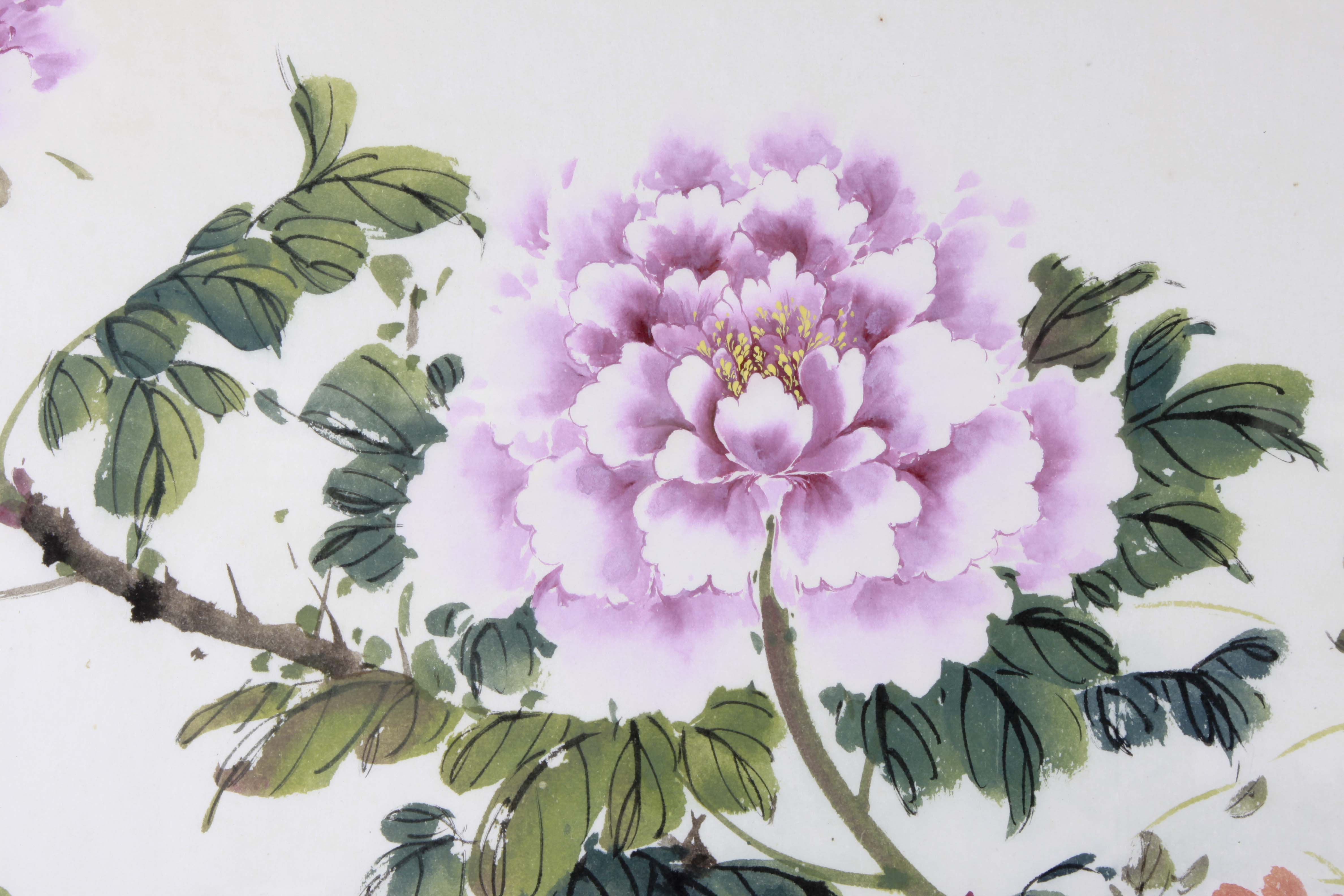 Original Chinese Watercolor of Peonies by Hong Xian