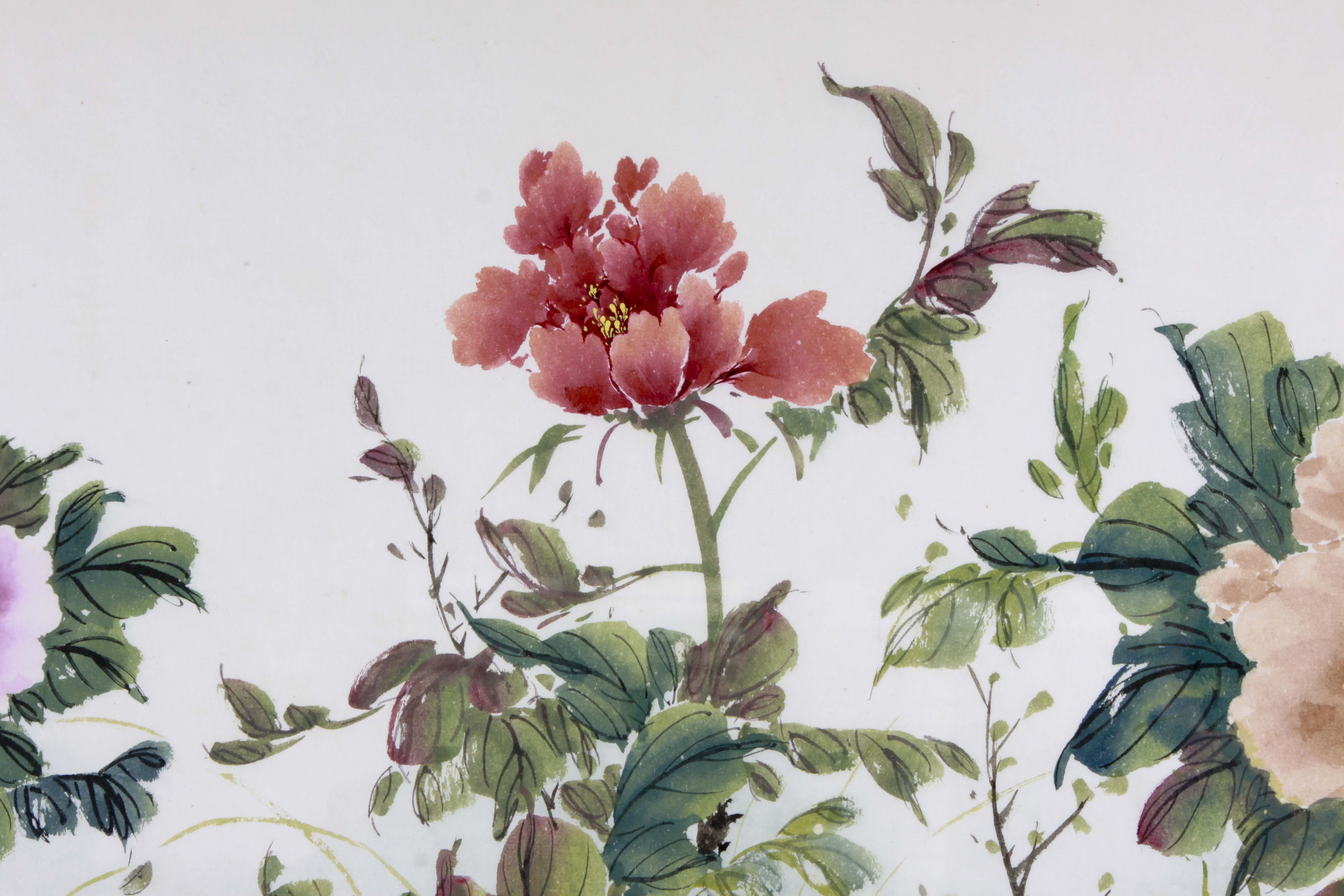 Original Chinese Watercolor of Peonies by Hong Xian