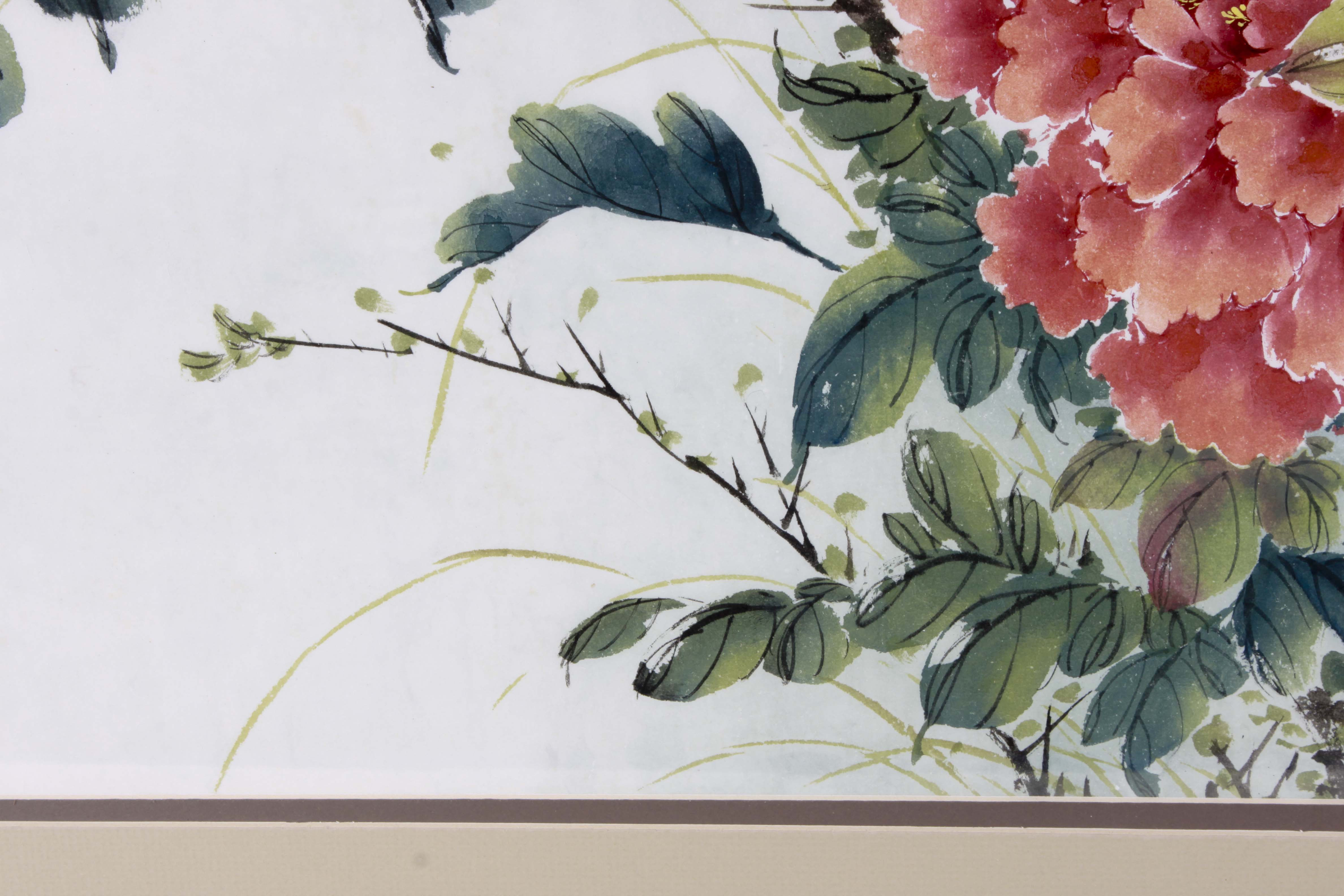 Original Chinese Watercolor of Peonies by Hong Xian