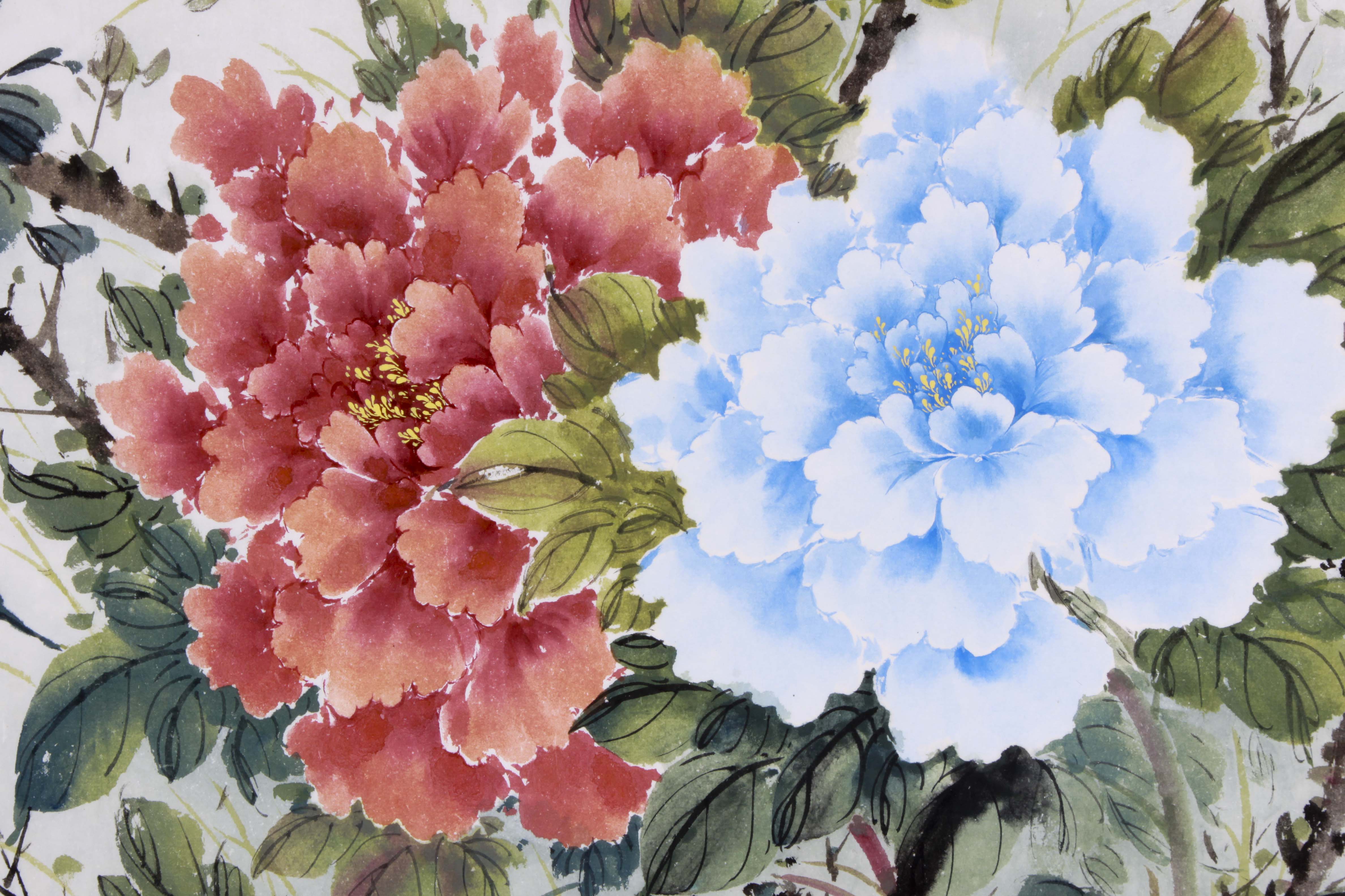 Original Chinese Watercolor of Peonies by Hong Xian