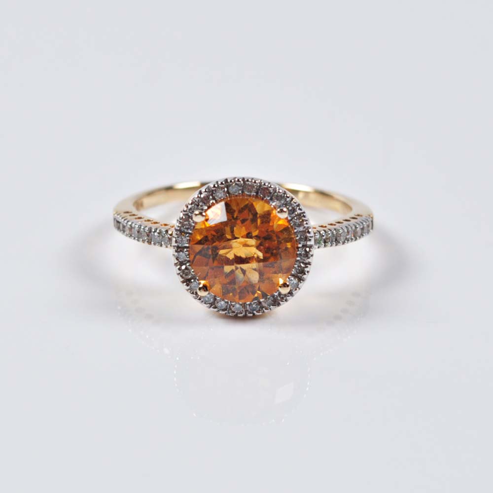 14K Gold Citrine and Diamond Halo Ring