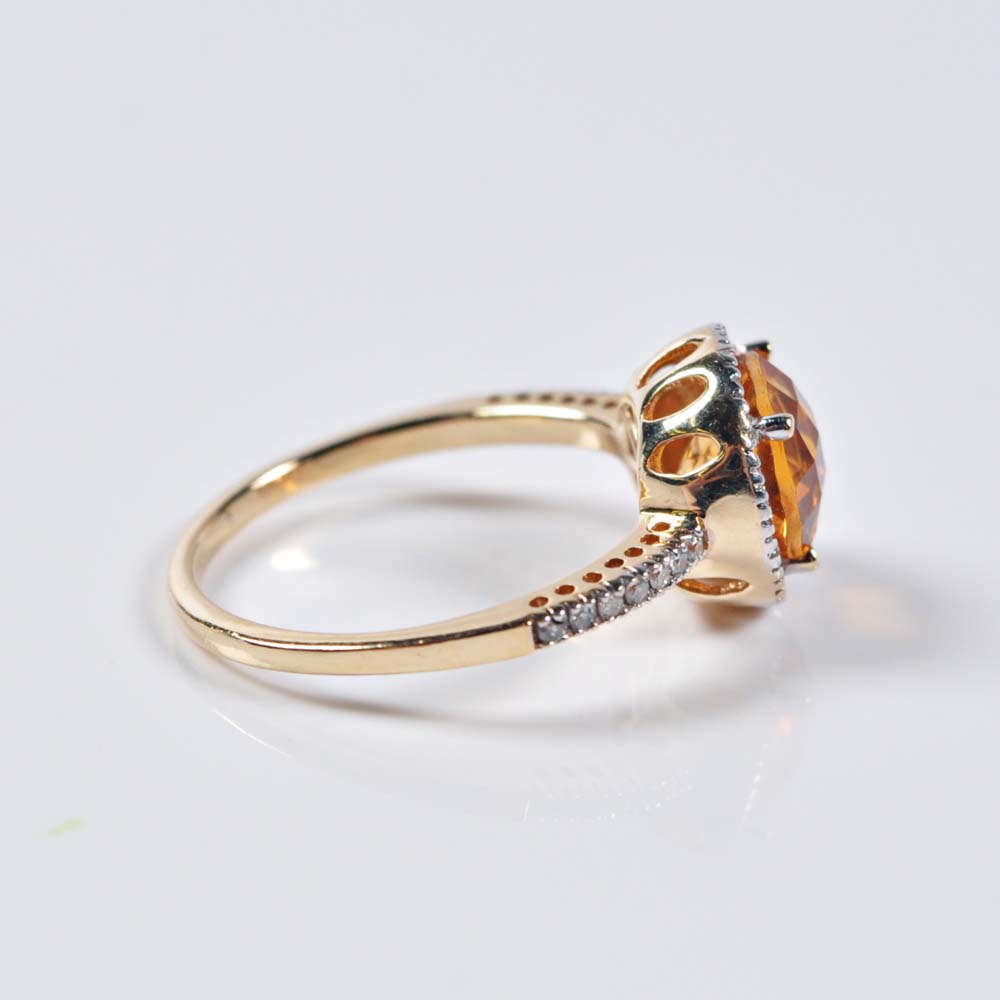14K Gold Citrine and Diamond Halo Ring