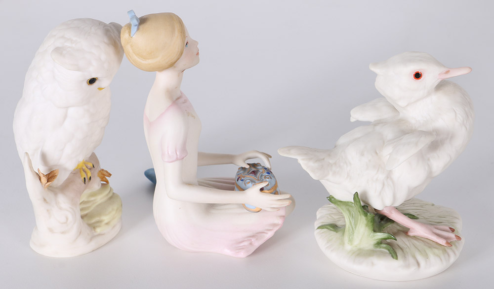 Cybis "Pandora", "Baby Owl" and "Duckling-Baby Brother" Porcelain Figurines