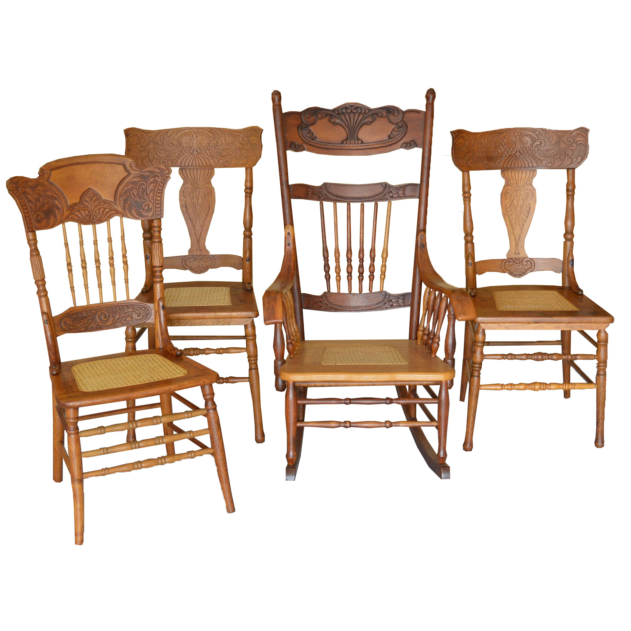 Wood Rocking Chair and Three Side Chairs with Cane Seating