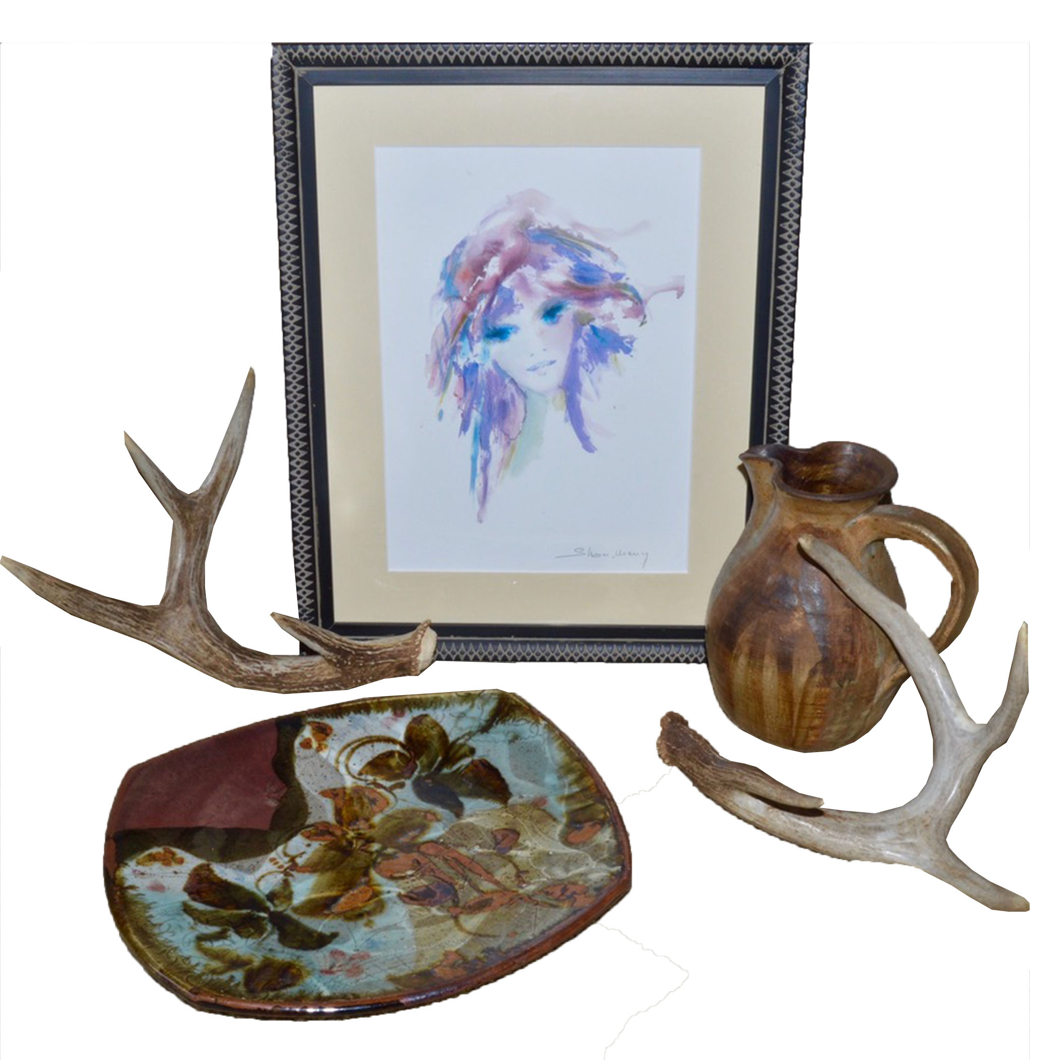 Shan Merry Seriolithograph and Assorted Natural Decor