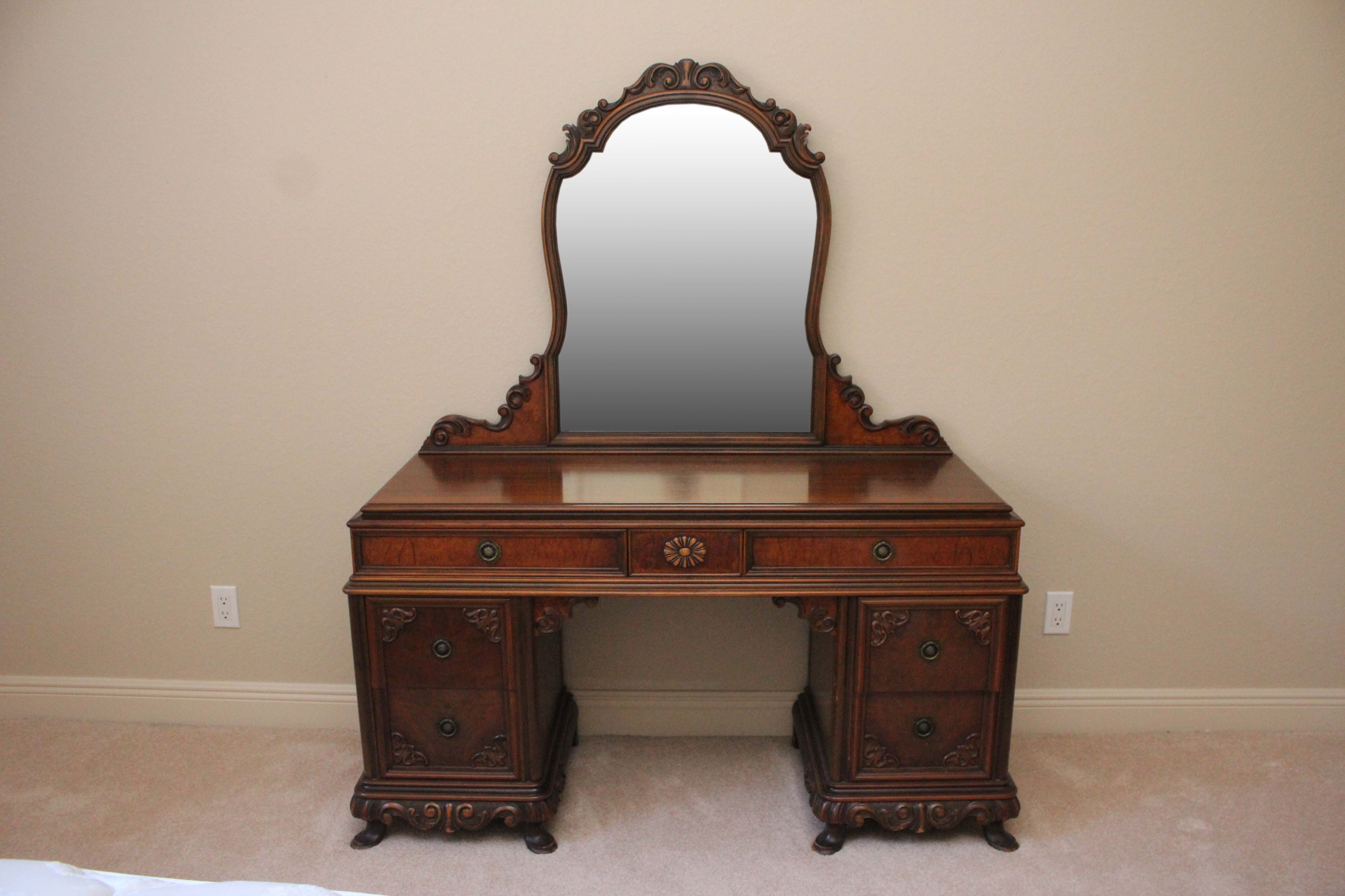 Antique Queen Anne Style Vanity Dresser by Berkey and Gay With Chair