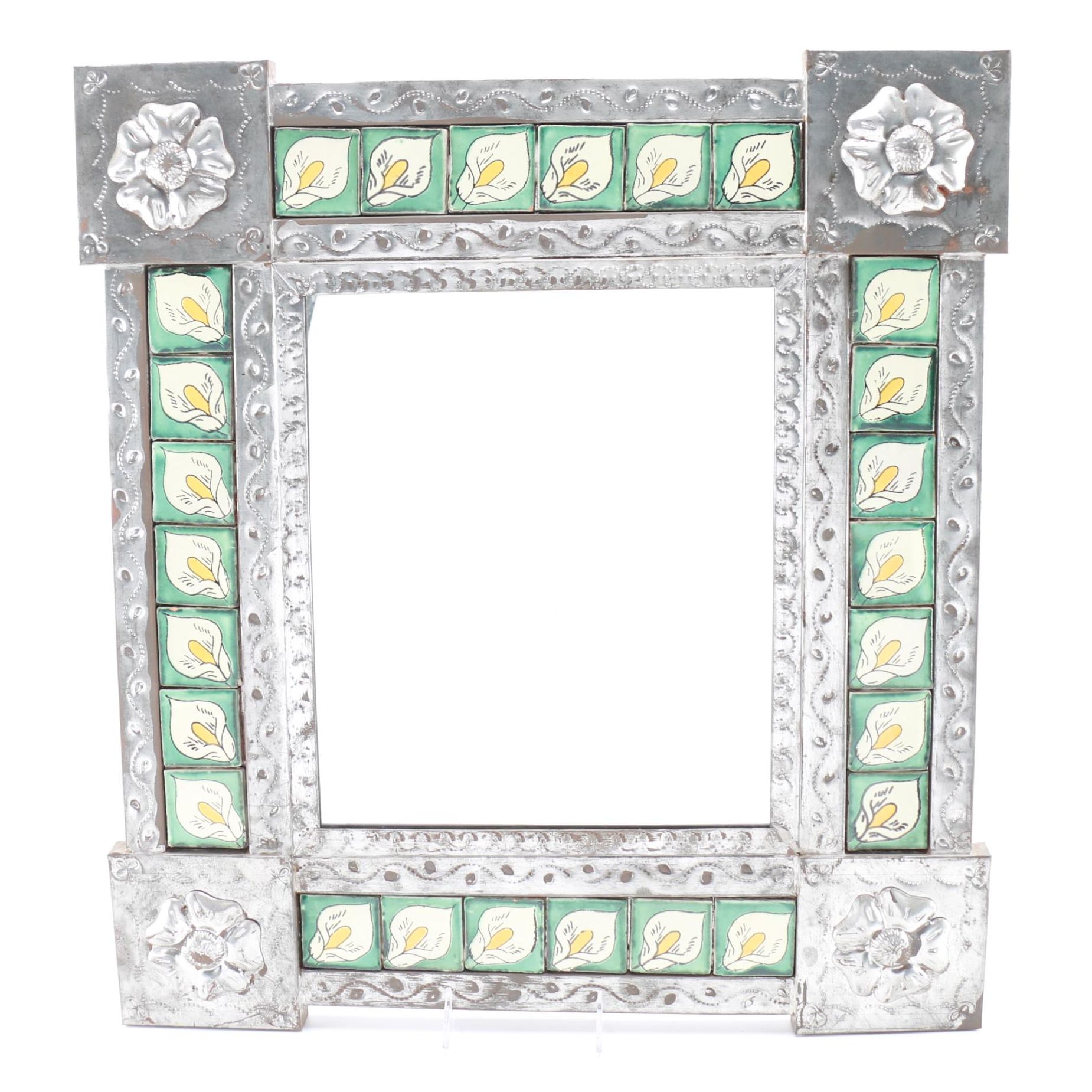 Hammered Metal and Hand-Painted Tile Frame Mirror