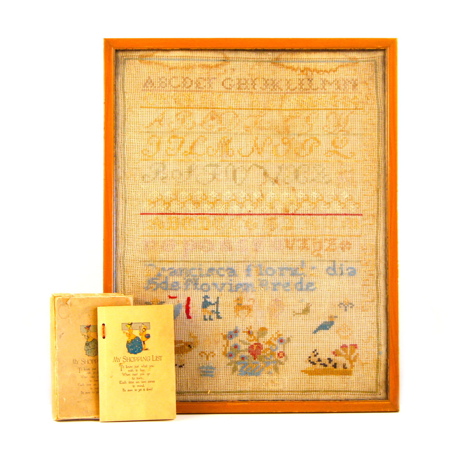Framed Antique Needlepoint Sampler with Unused Shopping List