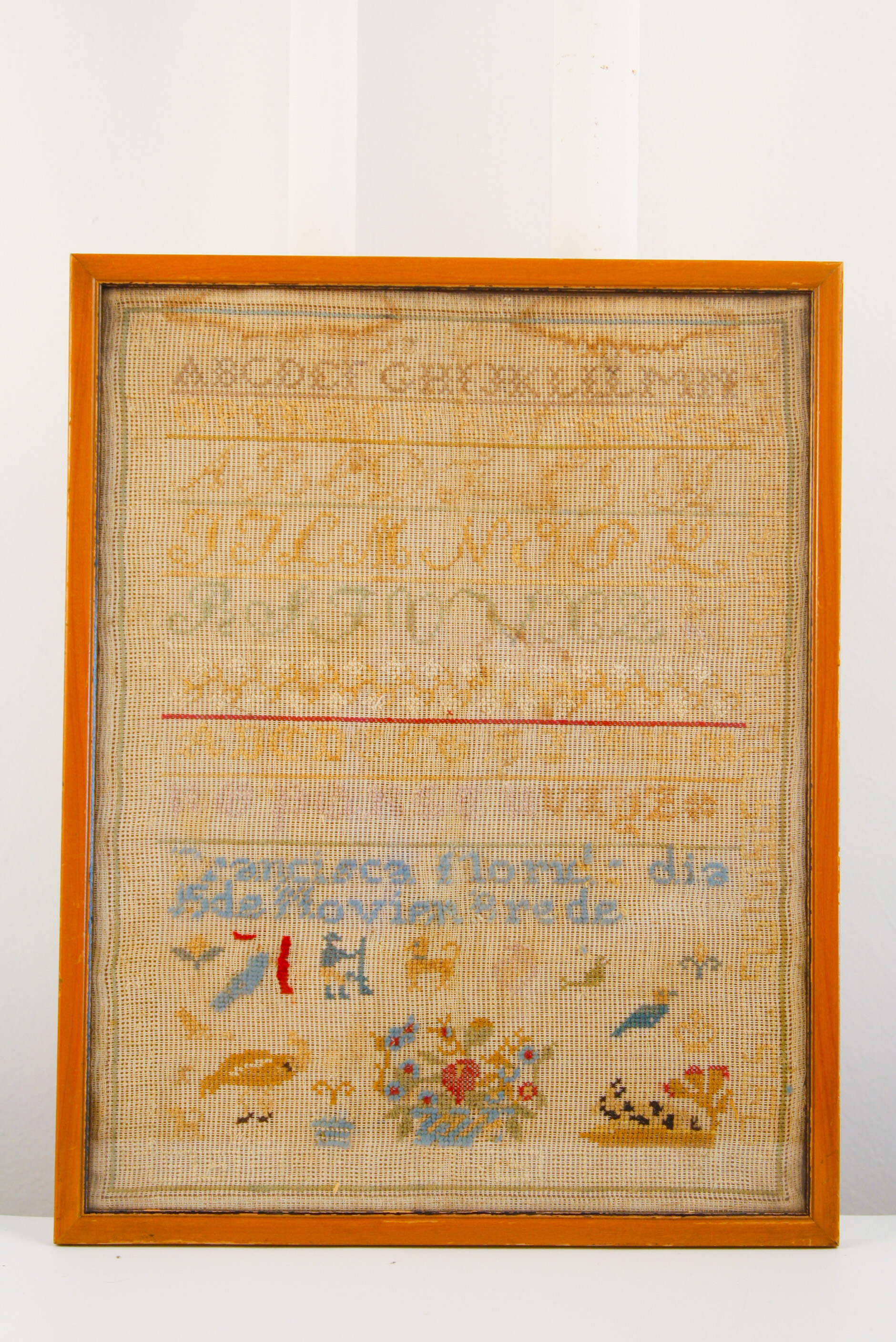 Framed Antique Needlepoint Sampler with Unused Shopping List