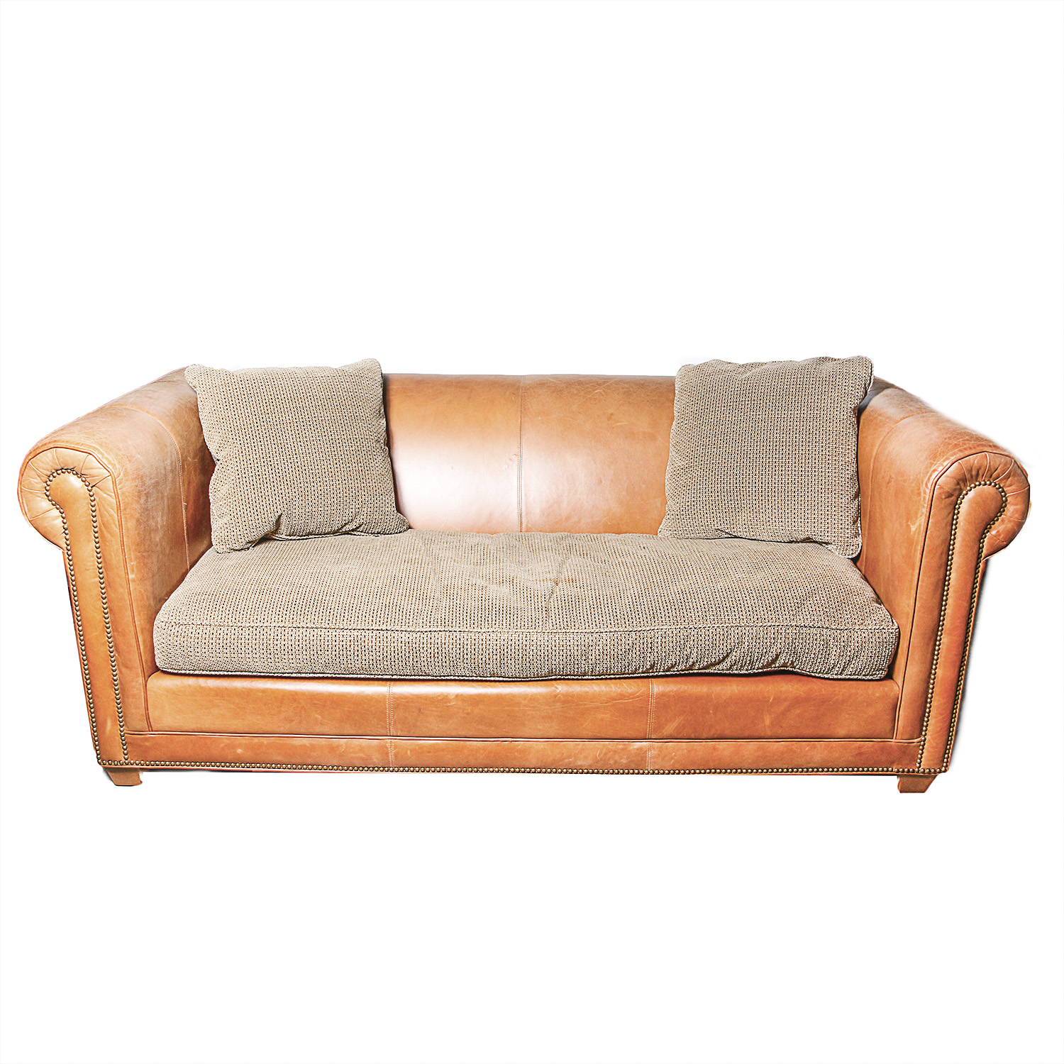 Darren Henault Leather Sofa With Upholstered Cushion And Throw Pillows