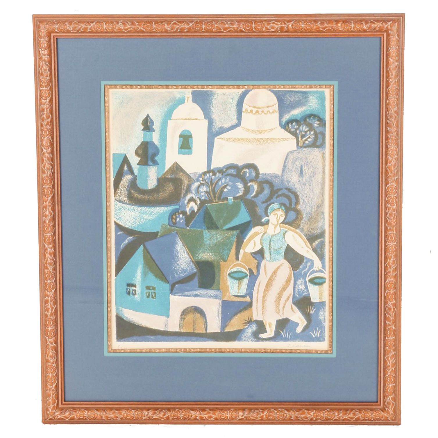 Limited Edition Lithograph of Woman in Village