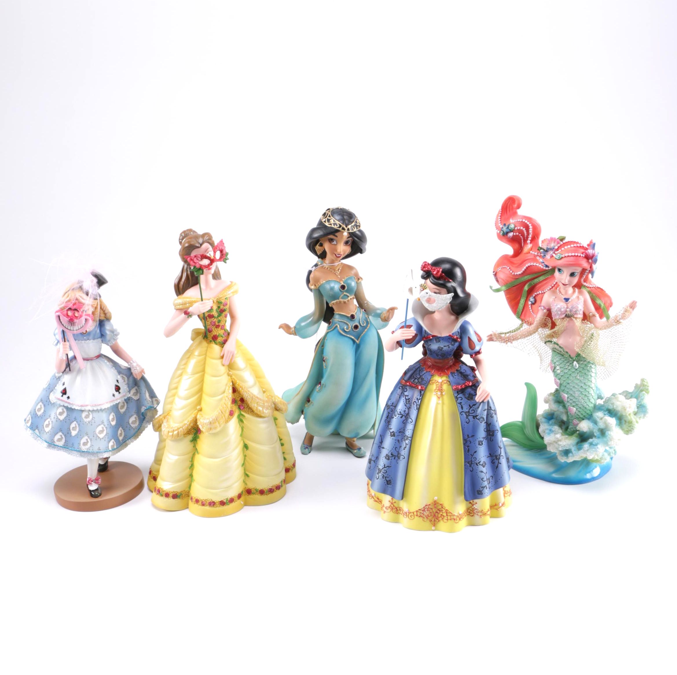 Disney Figurines Including Masquerade Snow White, Belle, and Alice