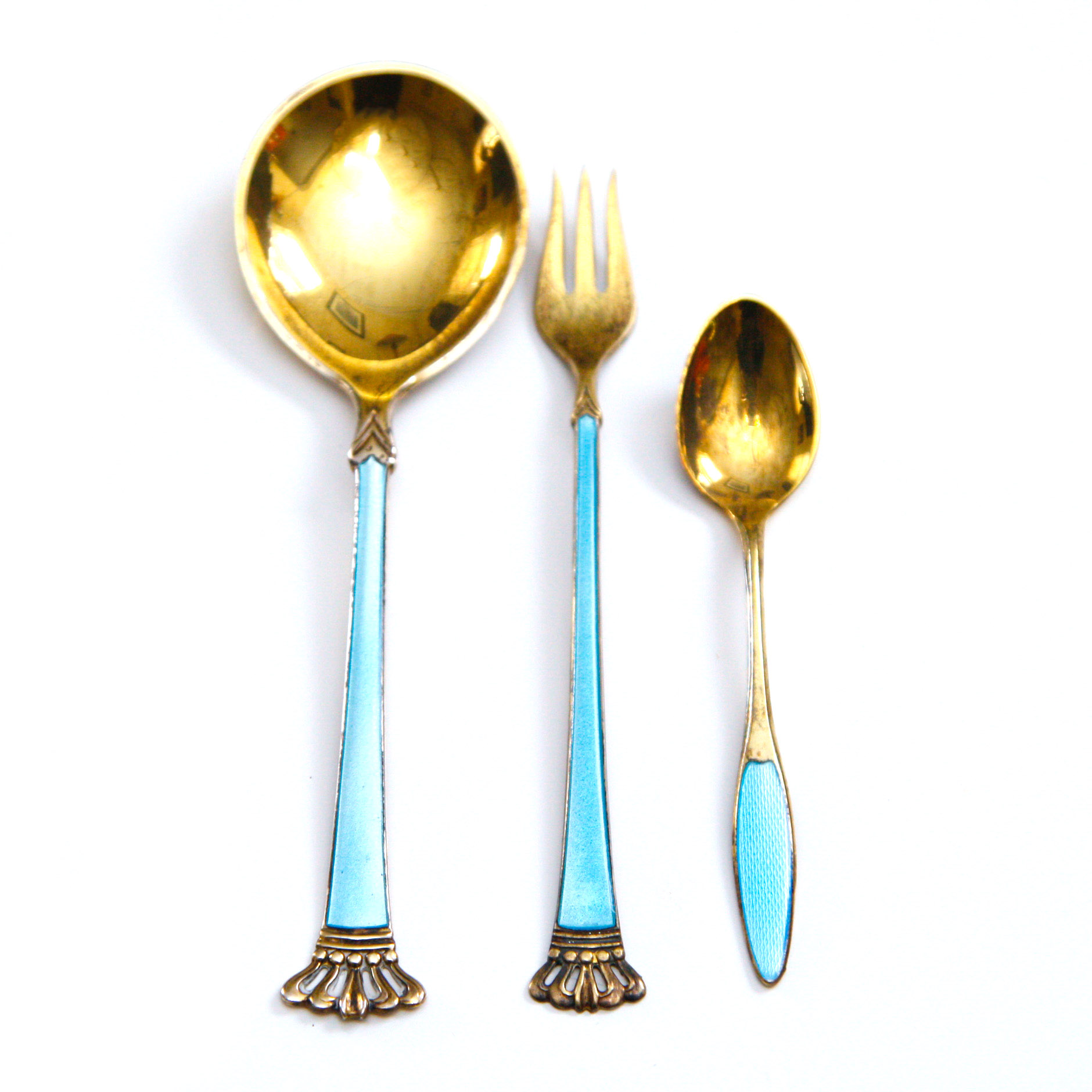 Danish Sterling Silver and Enamel Spoons and Fork
