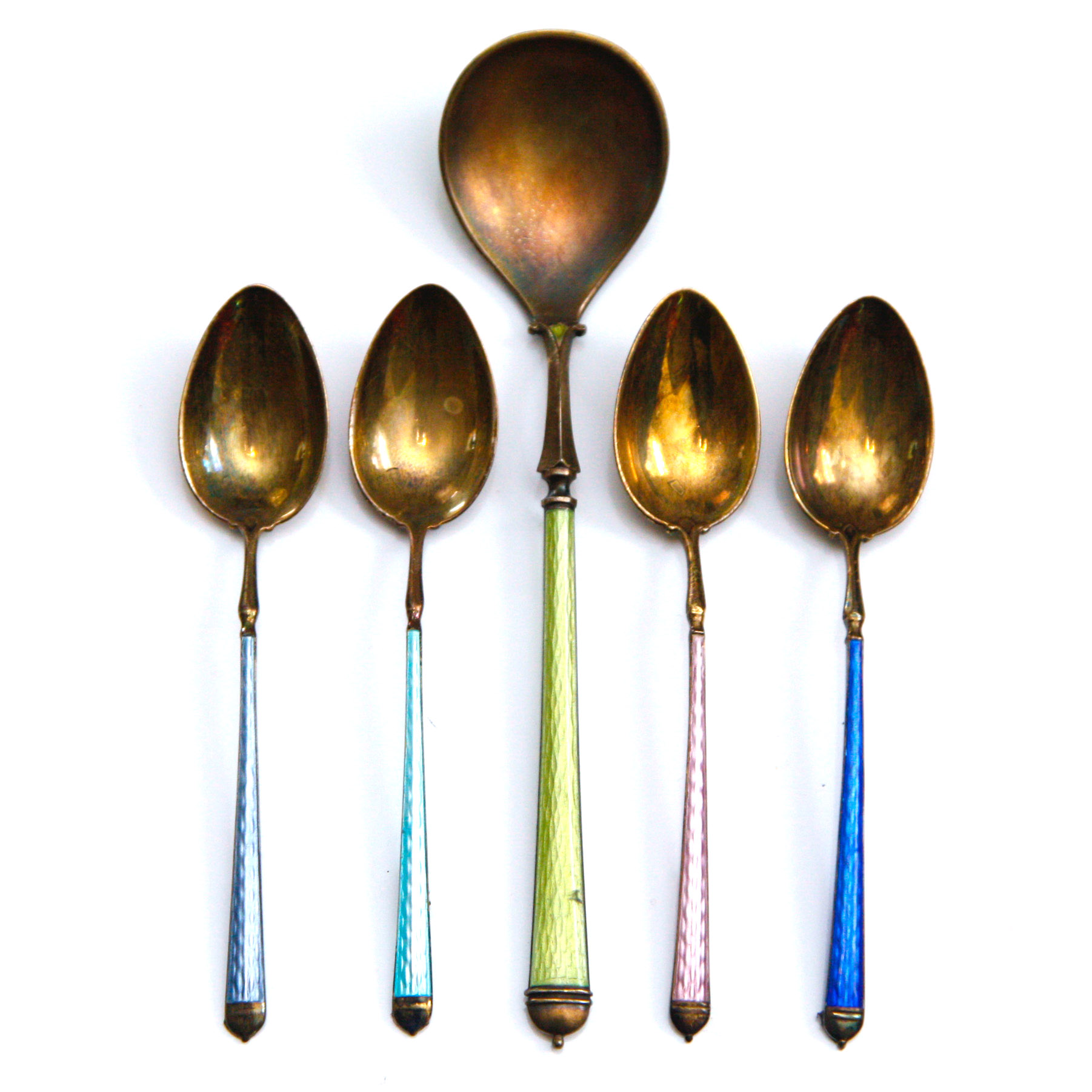 Group of Five Sterling Silver Enameled Spoons