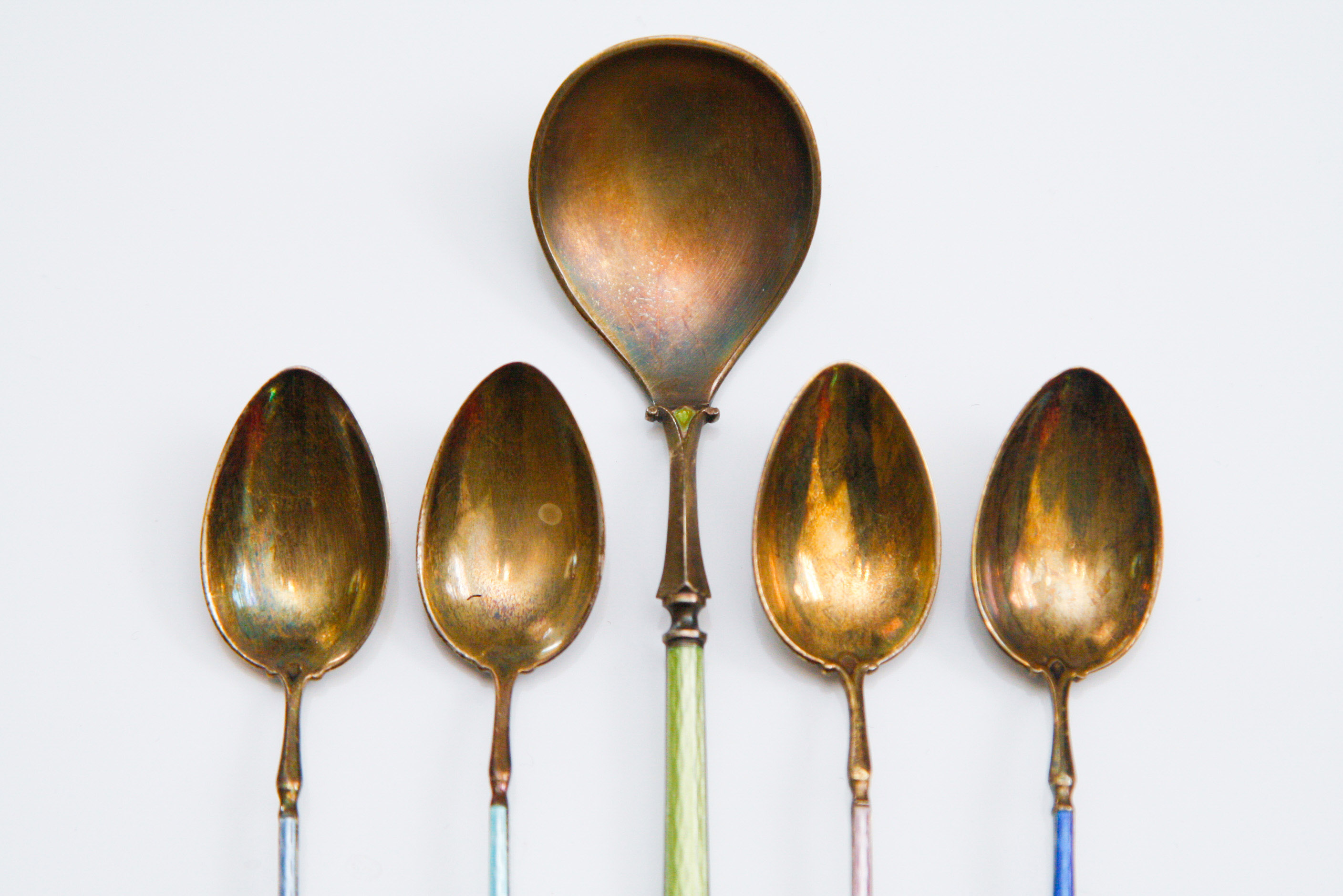 Group of Five Sterling Silver Enameled Spoons
