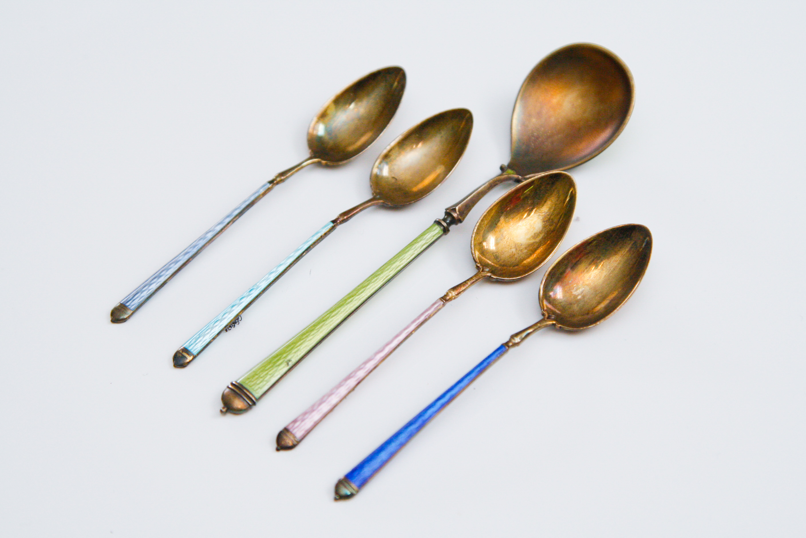 Group of Five Sterling Silver Enameled Spoons