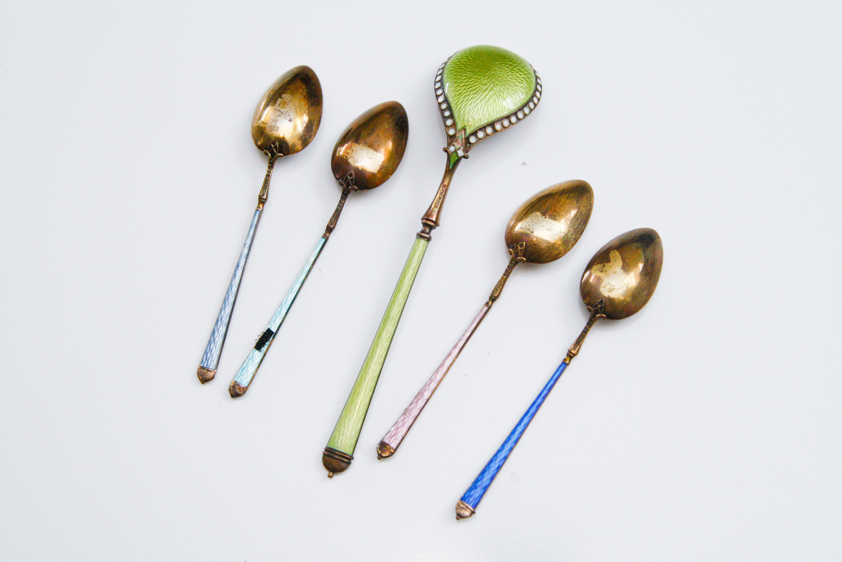 Group of Five Sterling Silver Enameled Spoons