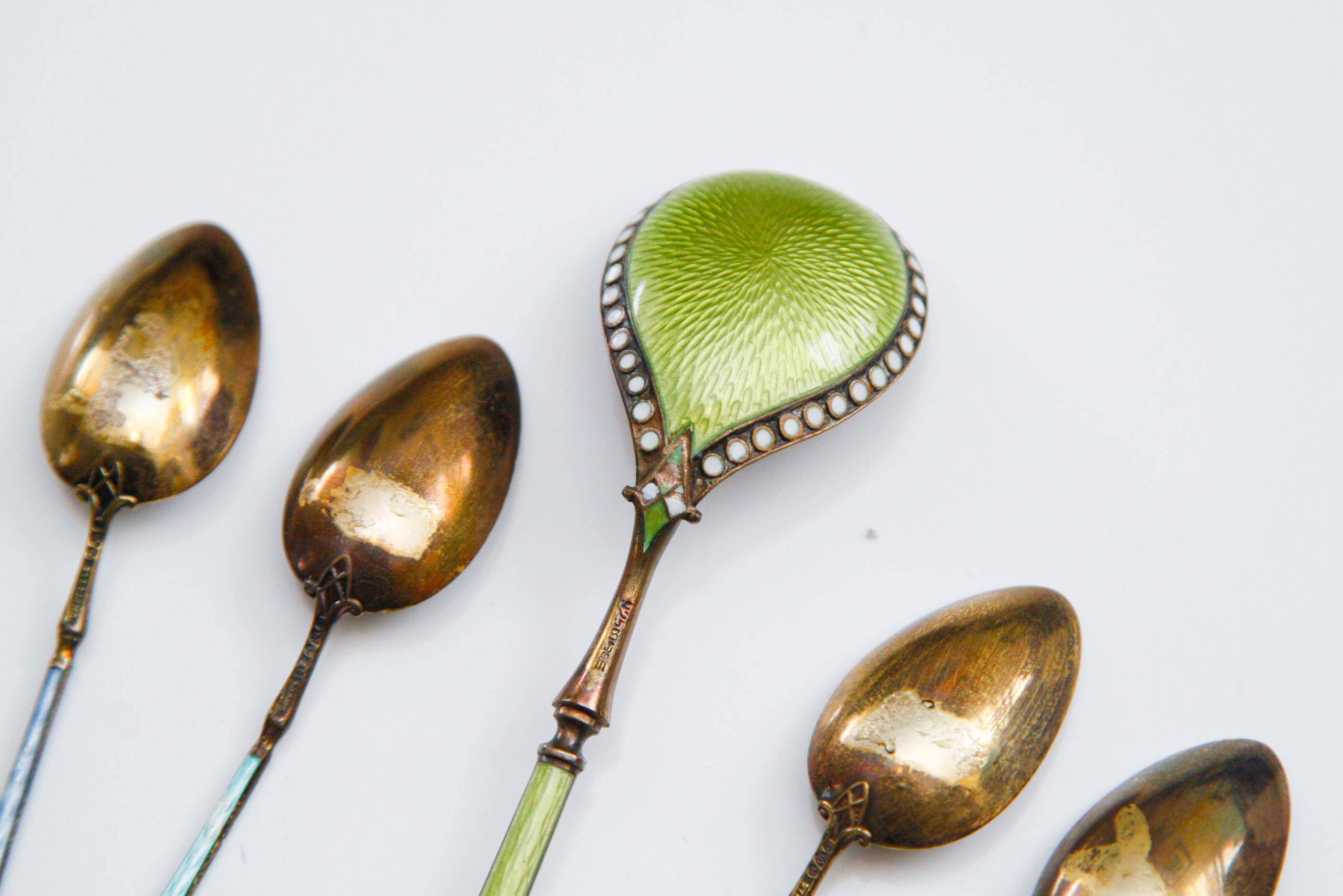 Group of Five Sterling Silver Enameled Spoons