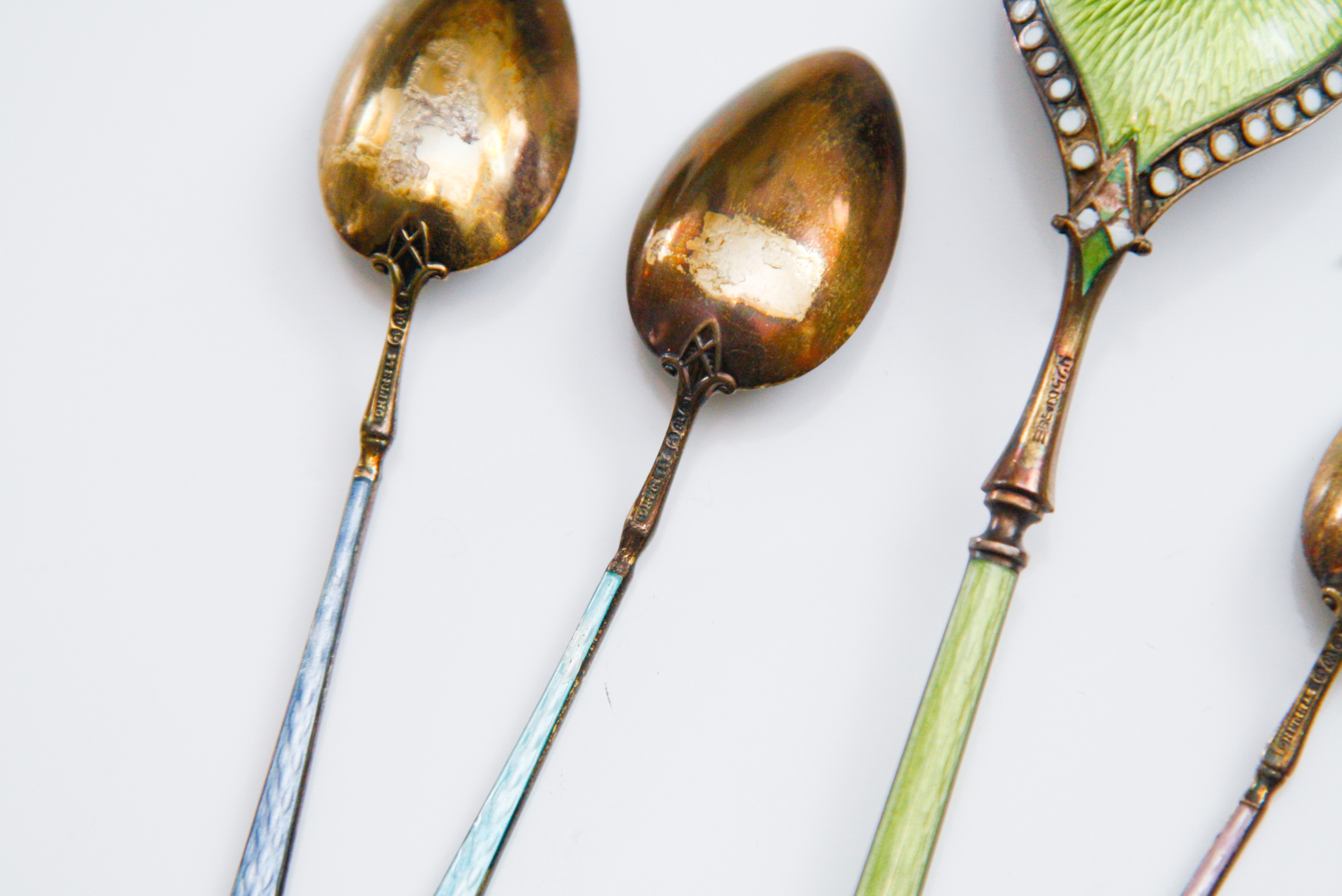 Group of Five Sterling Silver Enameled Spoons