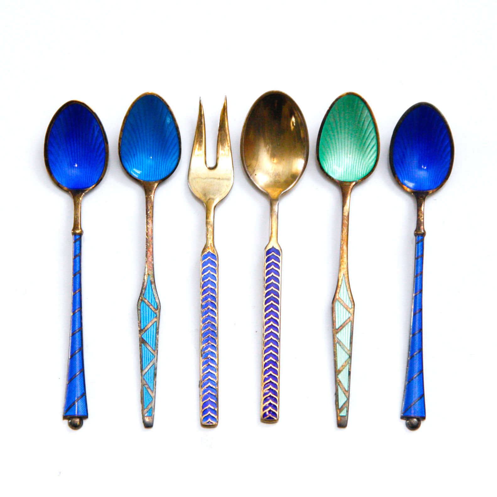 Six Danish Sterling Silver Enameled Demitasse Spoons and Fork