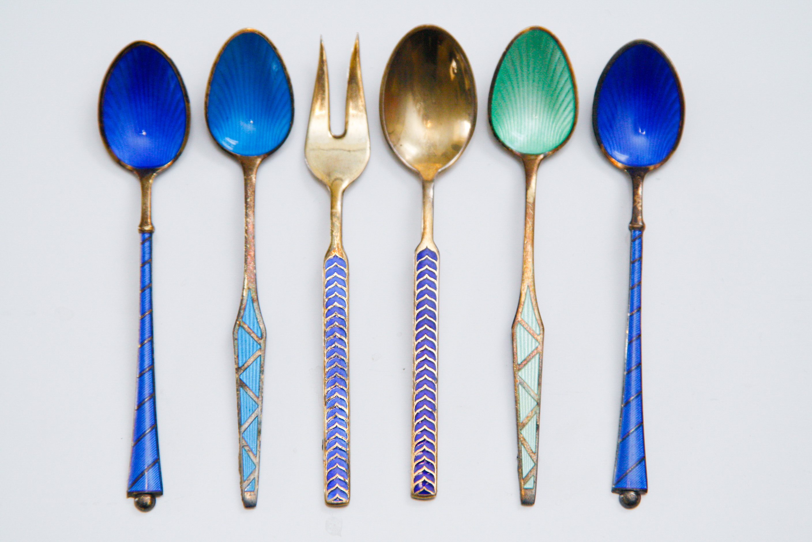 Six Danish Sterling Silver Enameled Demitasse Spoons and Fork