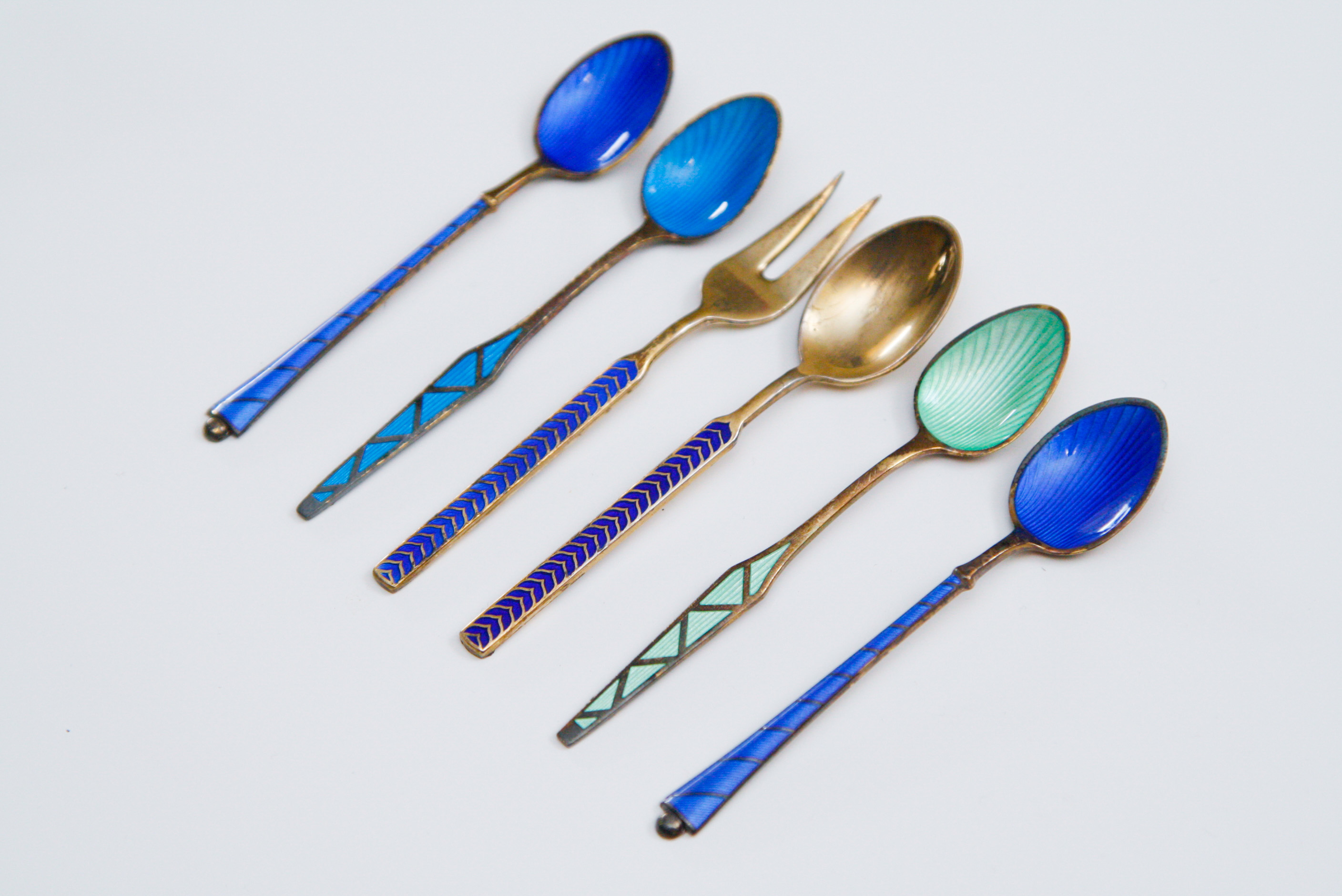 Six Danish Sterling Silver Enameled Demitasse Spoons and Fork