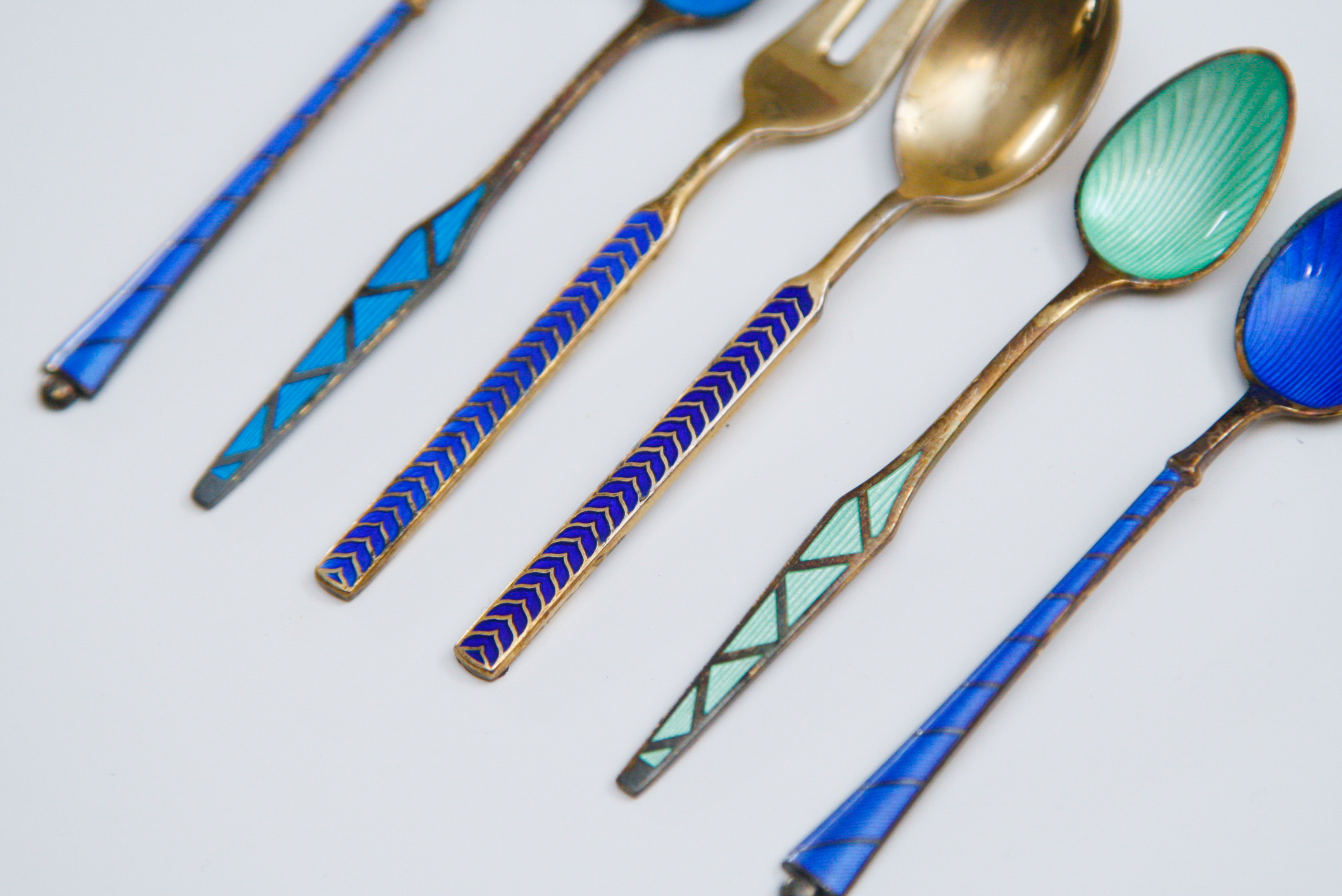 Six Danish Sterling Silver Enameled Demitasse Spoons and Fork