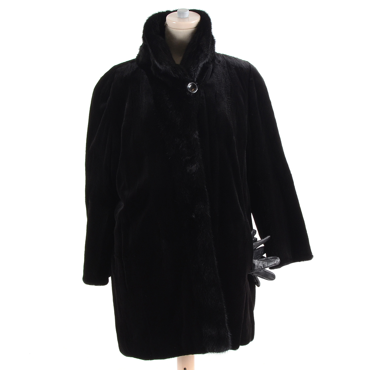 Sheared Black Mink Fur Coat with Black Mink Fur Trim