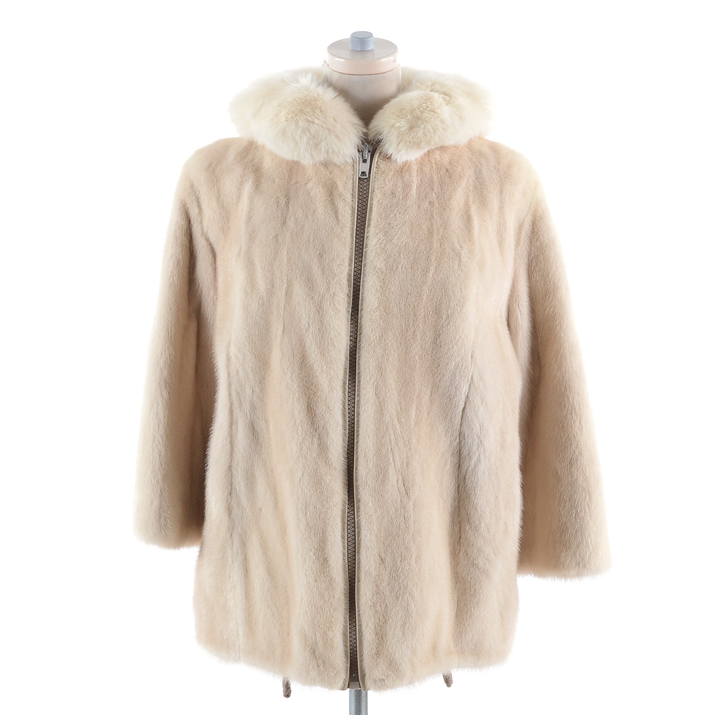 Kotsovos Blonde Mink Jacket with Fox Fur Trimmed Hood
