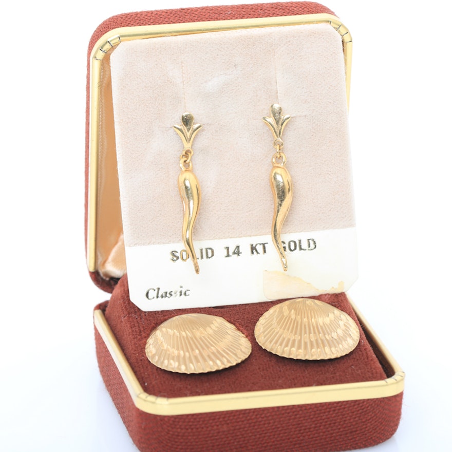 Two Pairs of 14K Yellow Gold Earrings