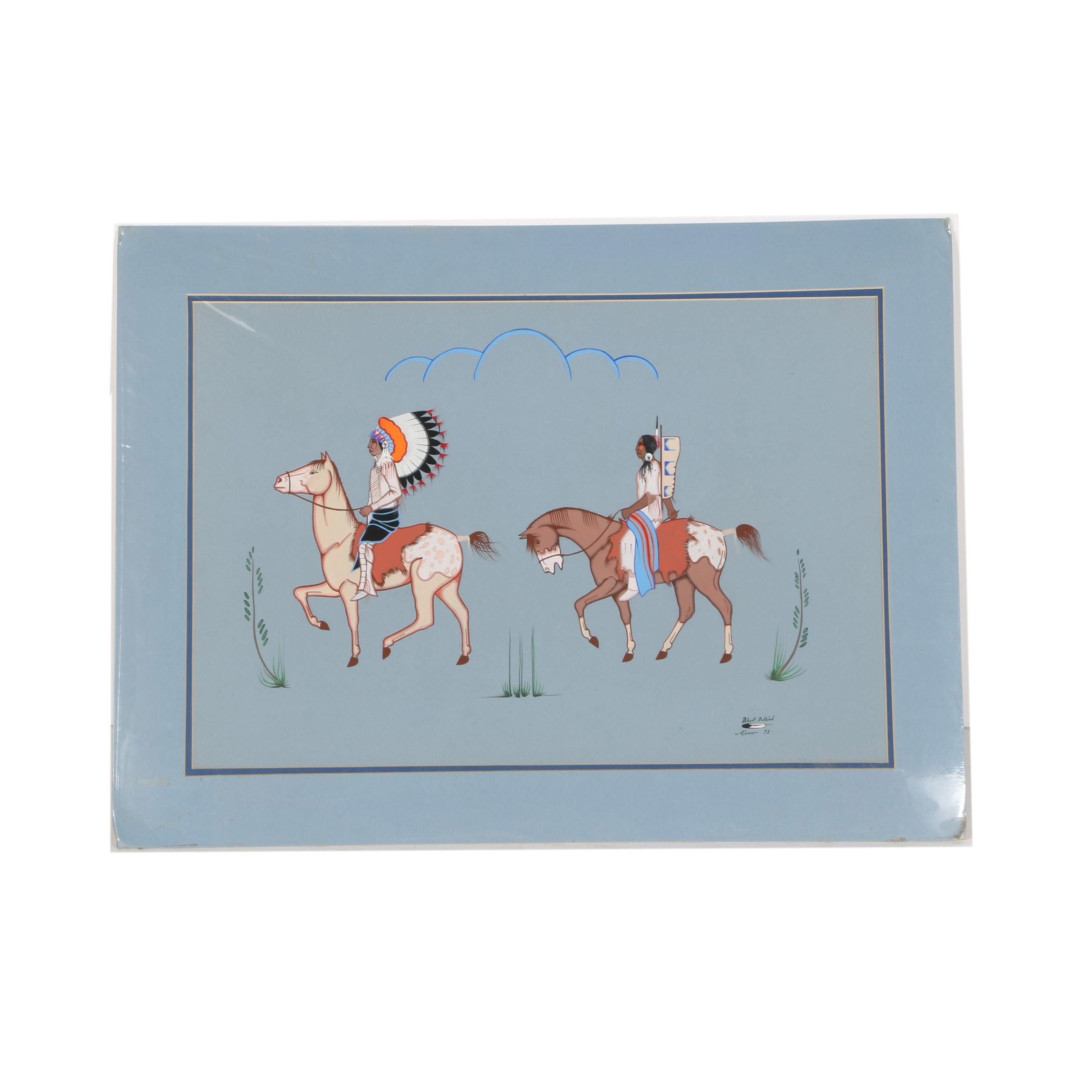 Robert Redbird "Going to the Pow Wow" Gouache Painting