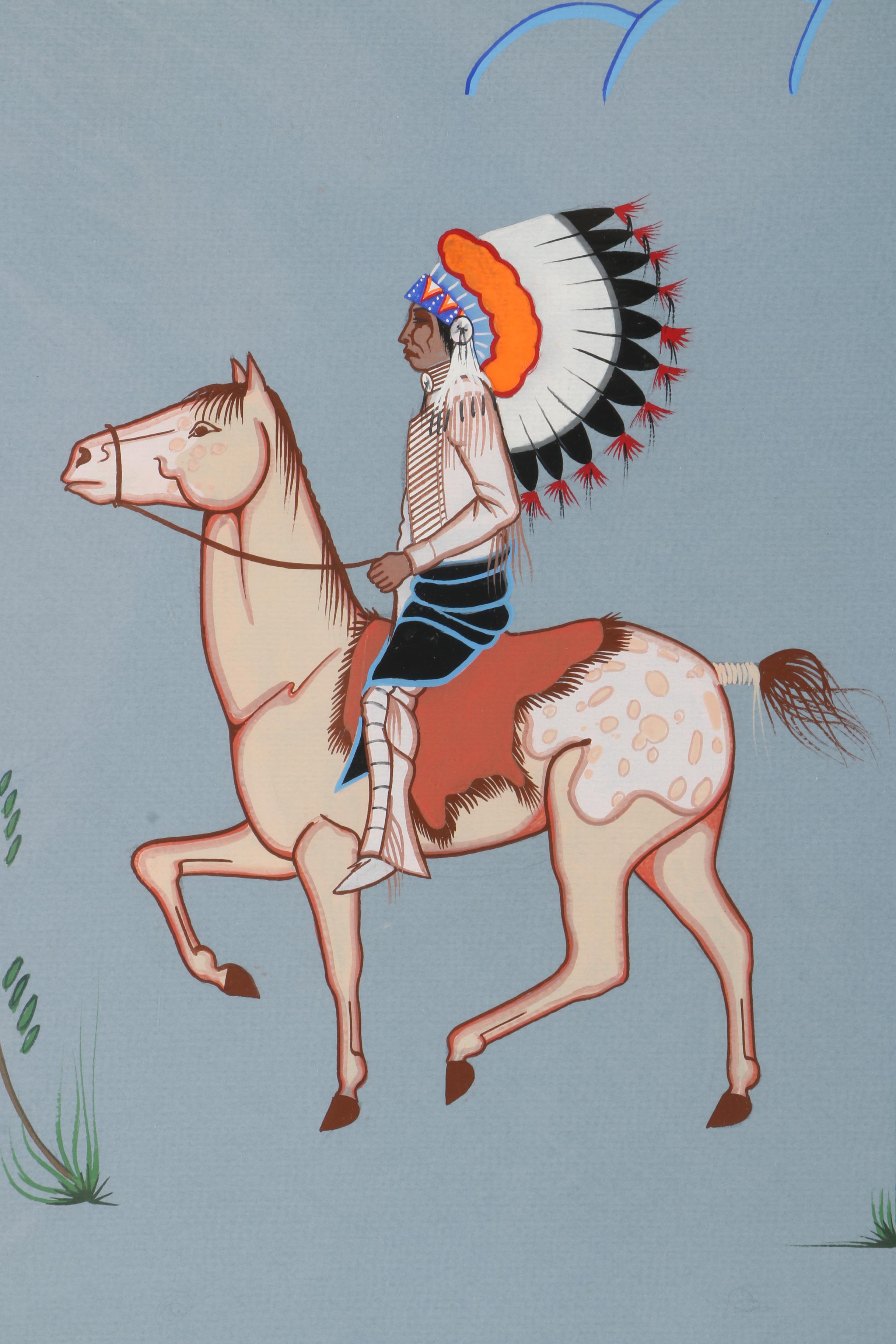 Robert Redbird "Going to the Pow Wow" Gouache Painting