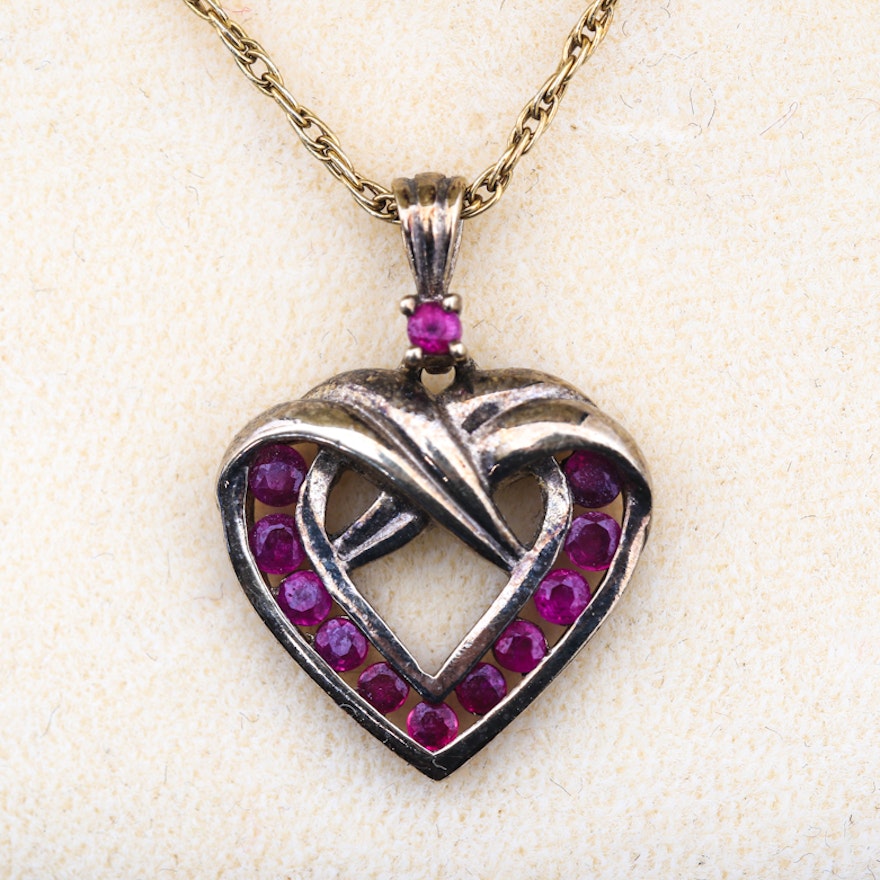 Vermeil and Synthetic Ruby Open Heart Pendant Necklace