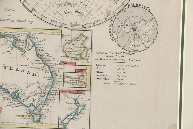 German Hand-Colored Etching Map of the World