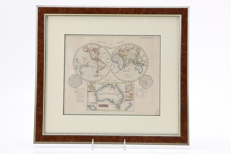 German Hand-Colored Etching Map of the World