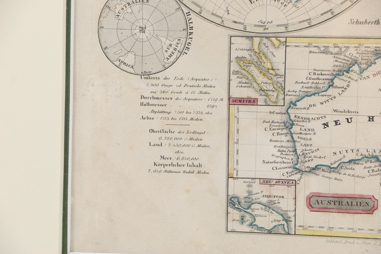 German Hand-Colored Etching Map of the World