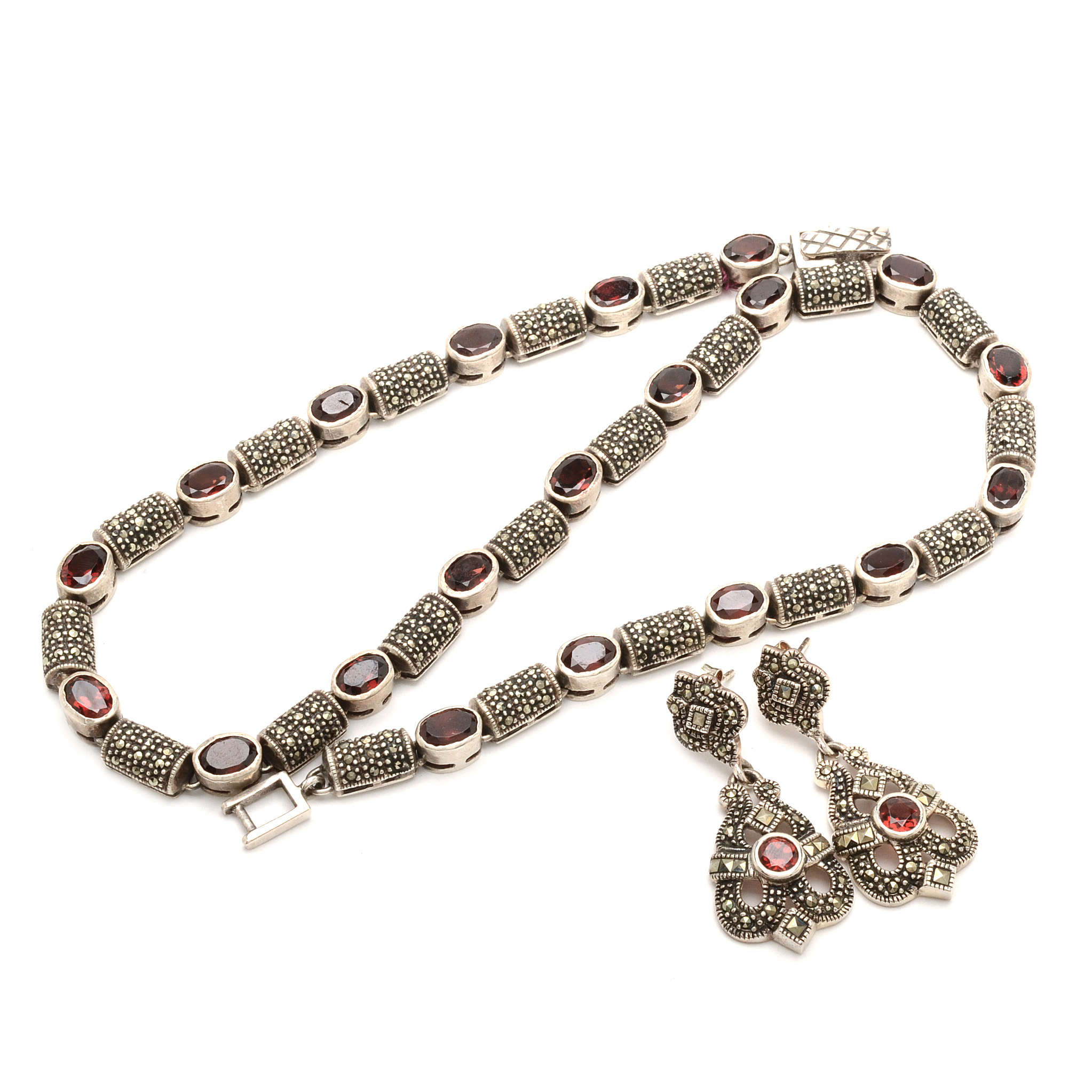 Sterling Silver and Garnet Necklace and Pierced Drop Earrings