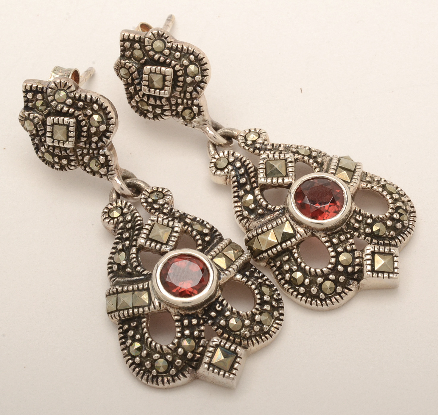 Sterling Silver and Garnet Necklace and Pierced Drop Earrings
