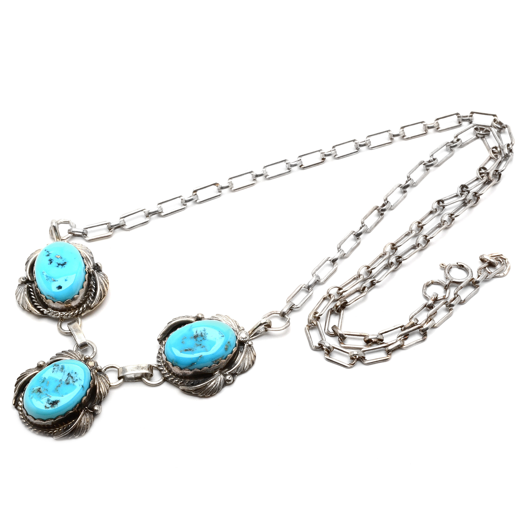 Native American Style Sterling and Turquoise Link Necklace