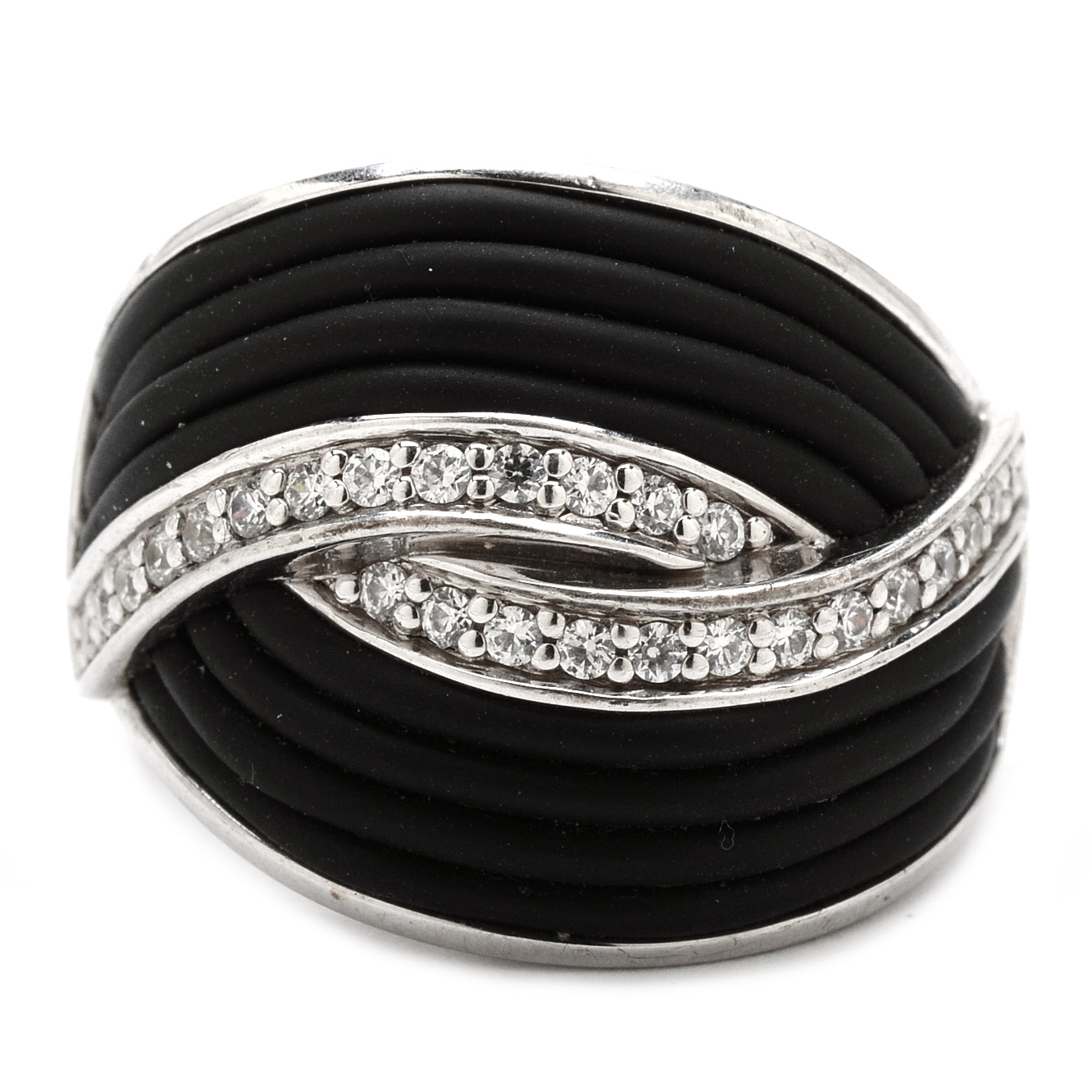 Belle Etoile Sterling Silver and Black Rubber Ring with Crystals