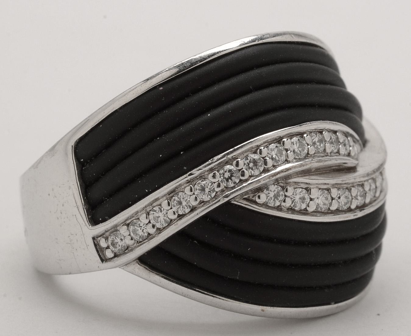 Belle Etoile Sterling Silver and Black Rubber Ring with Crystals