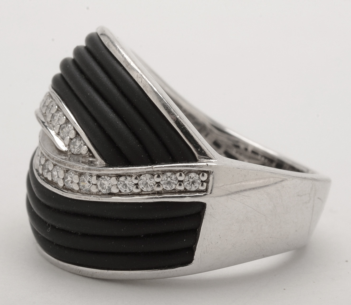 Belle Etoile Sterling Silver and Black Rubber Ring with Crystals