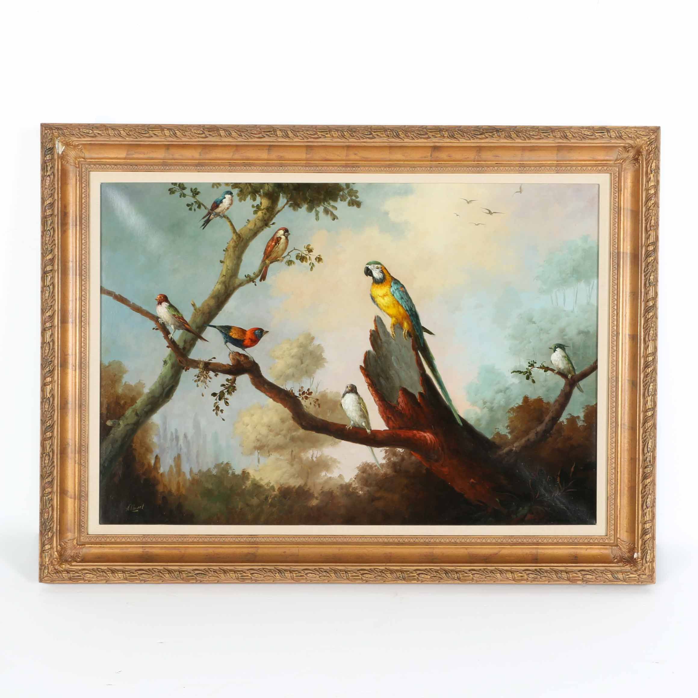 Jeannine Albert Oil Painting on Canvas of Exotic Birds