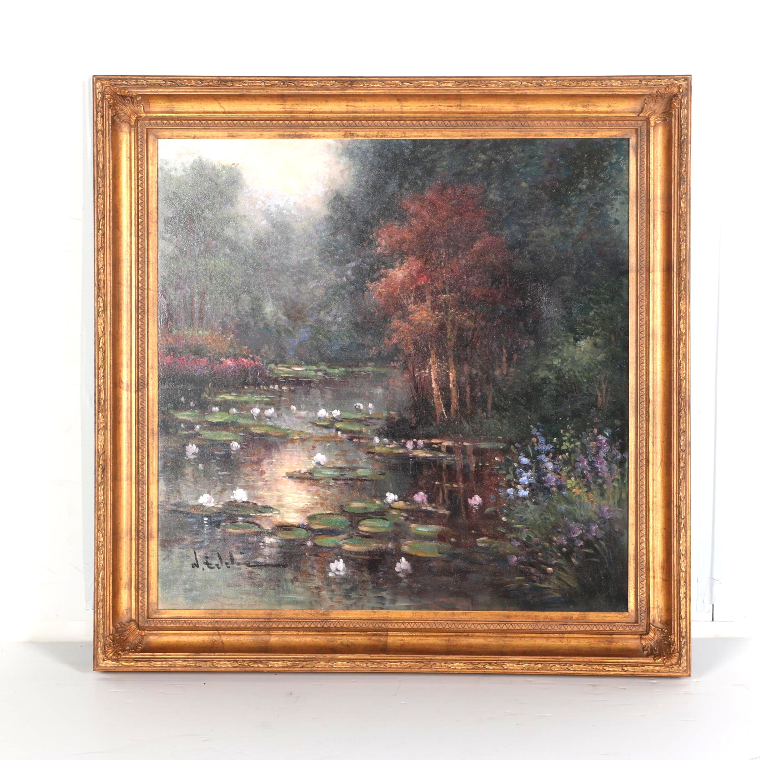 W. Eddie Oil on Canvas of Pond with Lily Pads and Trees