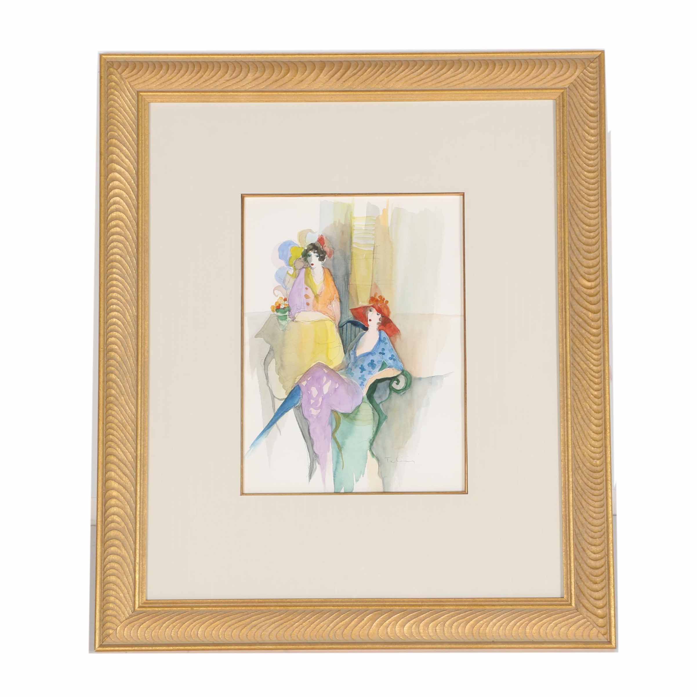 Itzchak Tarkay Watercolor Painting on Paper "Duet"